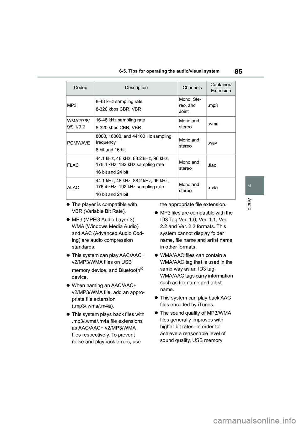 TOYOTA GR86 2022  Owners Manual (in English) 85
6 
6-5. Tips for operating the audio/visual system
Audio
 The player is compatible with  
VBR (Variable Bit Rate). 
 MP3 (MPEG Audio Layer 3),  
WMA (Windows Media Audio) 
and AAC (Advanced A