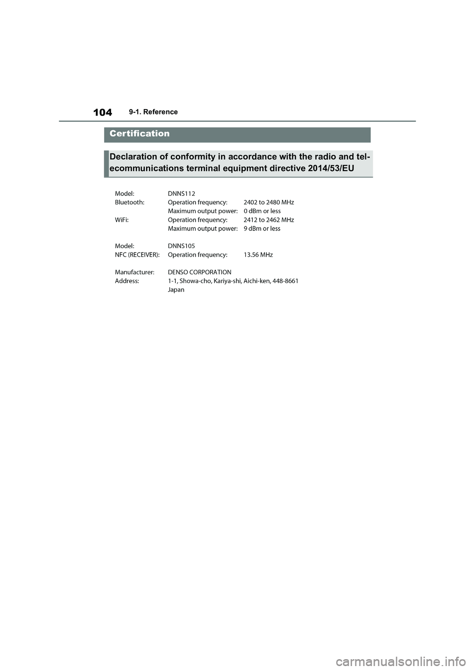 TOYOTA GR86 2022  Owners Manual (in English) 1049-1. Reference
9-1.Reference
Certification
Declaration of conformity in accordance with the radio and tel- 
ecommunications terminal equipment directive 2014/53/EU 