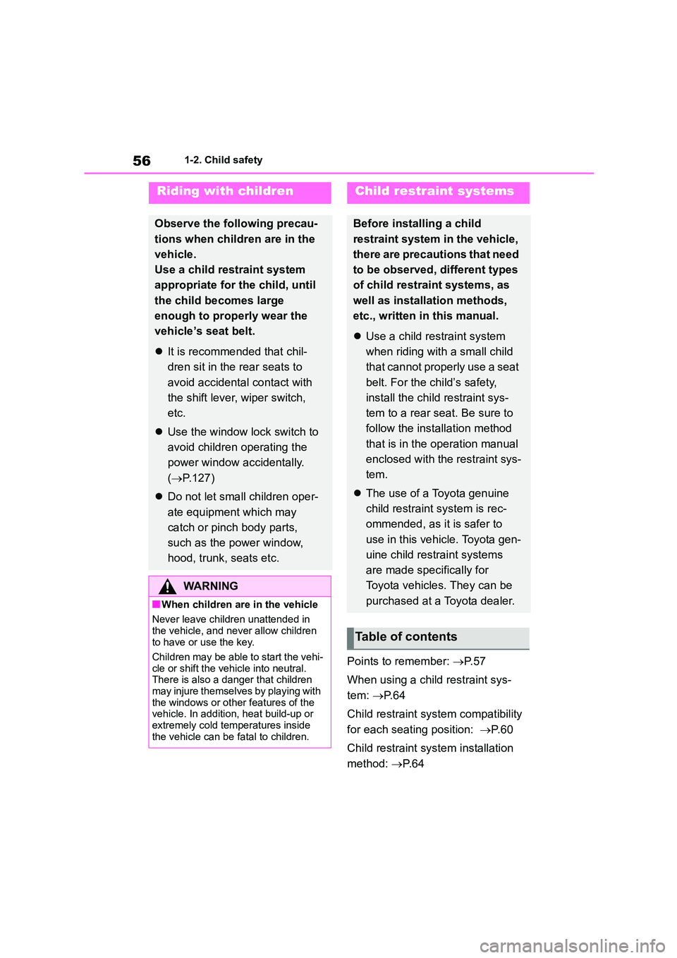 TOYOTA GR86 2022 (in English) Workshop Manual 561-2. Child safety
1-2.Child safety
Points to remember: P. 5 7
When using a child restraint sys-
tem: P. 6 4
Child restraint sys tem compatibility
for each seating position: P. 6 0
TOYOTA GR86 2022 (in English) Workshop Manual 561-2. Child safety
1-2.Child safety
Points to remember: P. 5 7
When using a child restraint sys-
tem: P. 6 4
Child restraint sys tem compatibility
for each seating position: P. 6 0