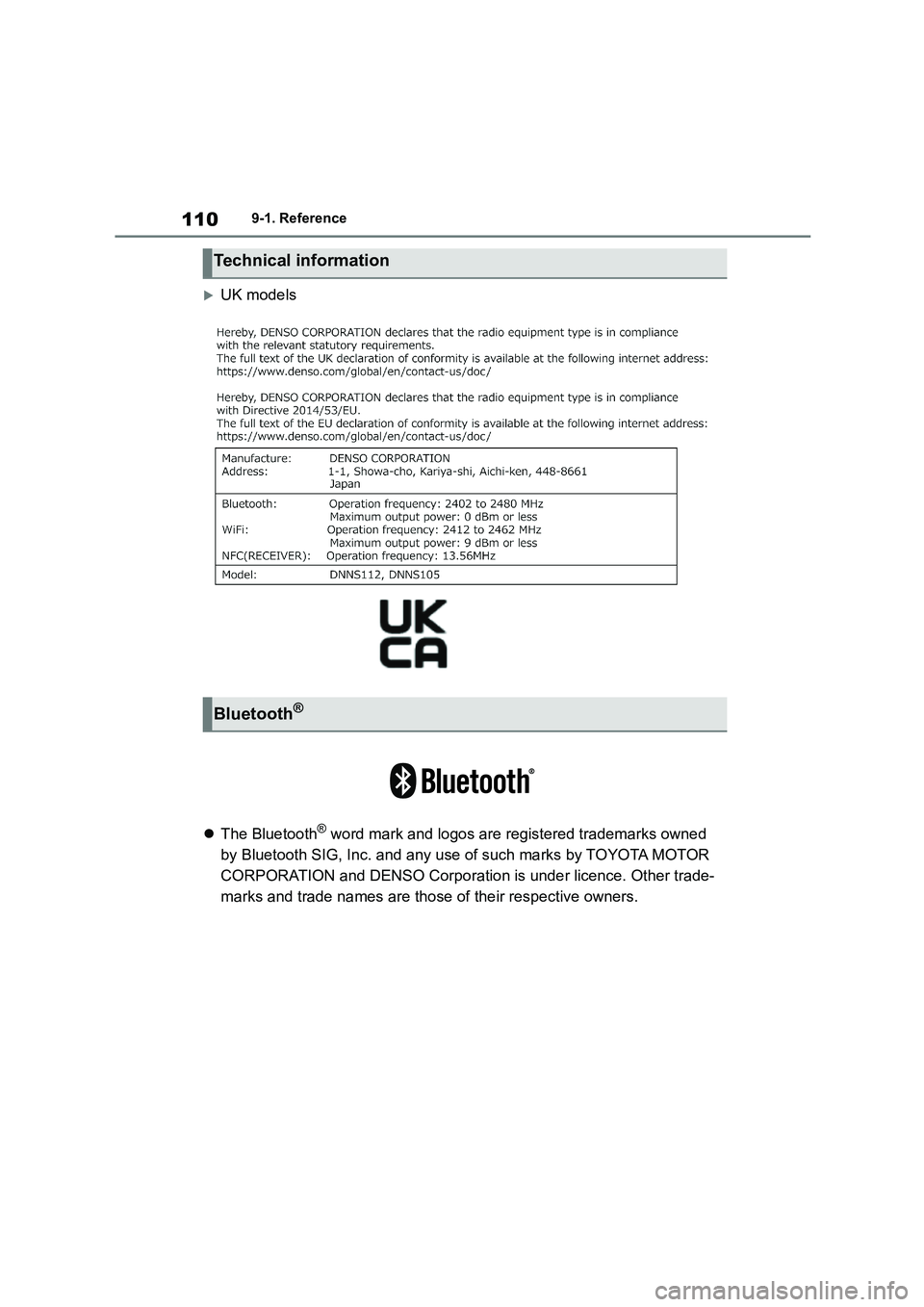 TOYOTA GR86 2022  Owners Manual (in English) 1109-1. Reference
UK models 
 The Bluetooth® word mark and logos are registered trademarks owned  
by Bluetooth SIG, Inc.  and any use of such marks by TOYOTA MOTOR  
CORPORATION and DENSO Corp