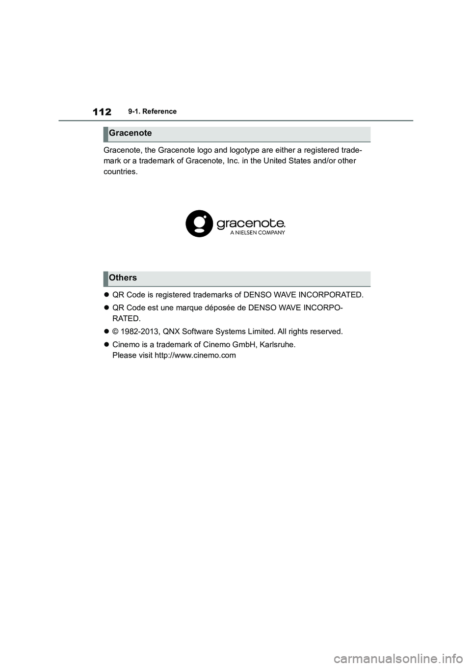 TOYOTA GR86 2022  Owners Manual (in English) 1129-1. Reference
Gracenote, the Gracenote logo and logotype are either a registered trade- 
mark or a trademark of Gracenote, Inc. in the United States and/or other 
countries. 
 QR Code is regist