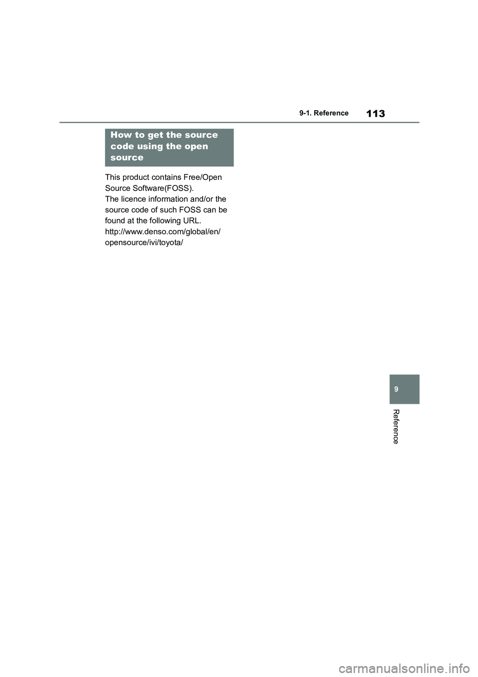 TOYOTA GR86 2022  Owners Manual (in English) 113
9 
9-1. Reference
Reference
This product contains Free/Open  
Source Software(FOSS).
The licence information and/or the 
source code of such FOSS can be 
found at the following URL.
http://www.den