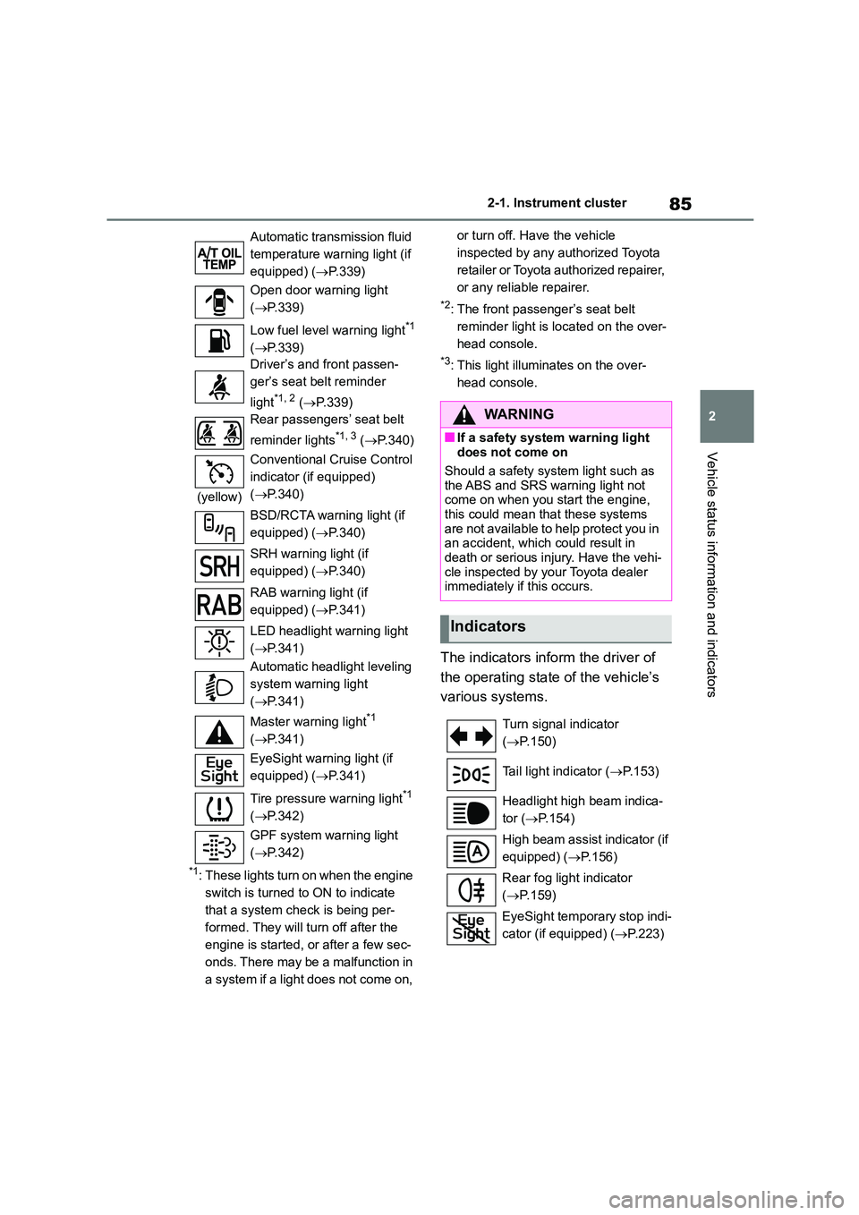 TOYOTA GR86 2022  Owners Manual (in English) 85
2 
2-1. Instrument cluster
Vehicle status information and indicators
*1: These lights turn on when the engine  
switch is turned to ON to indicate 
that a system check is being per-
formed. They wi