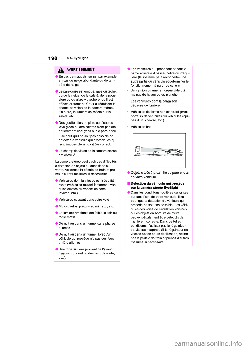 TOYOTA GR86 2022 Notices Demploi (in French) 1984-5. EyeSight
AVERTISSEMENT
●En cas de mauvais temps, par exemple
en cas de neige abondante ou de tem-
pête de neige
●Le pare-brise est embué, rayé ou taché,
ou de la neige, de la salet TOYOTA GR86 2022 Notices Demploi (in French) 1984-5. EyeSight
AVERTISSEMENT
●En cas de mauvais temps, par exemple
en cas de neige abondante ou de tem-
pête de neige
●Le pare-brise est embué, rayé ou taché,
ou de la neige, de la salet