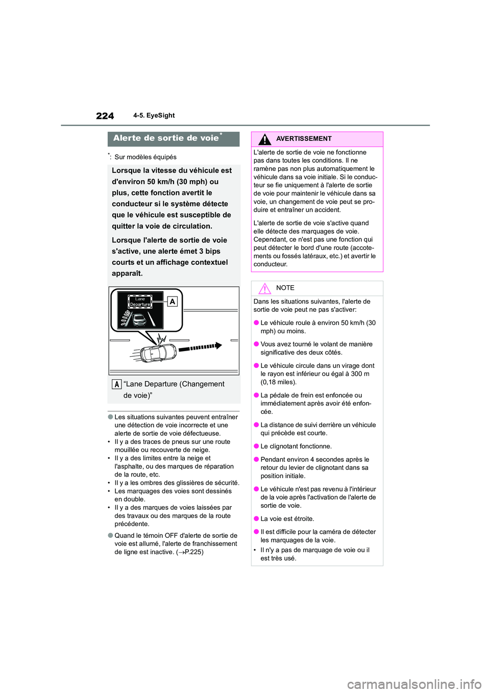 TOYOTA GR86 2022 Notices Demploi (in French) 2244-5. EyeSight
*: Sur modèles équipés
●Les situations suivantes peuvent entraîner une détection de voie incorrecte et une
alerte de sortie de voie défectueuse.
• Il y a des traces de pn TOYOTA GR86 2022 Notices Demploi (in French) 2244-5. EyeSight
*: Sur modèles équipés
●Les situations suivantes peuvent entraîner une détection de voie incorrecte et une
alerte de sortie de voie défectueuse.
• Il y a des traces de pn