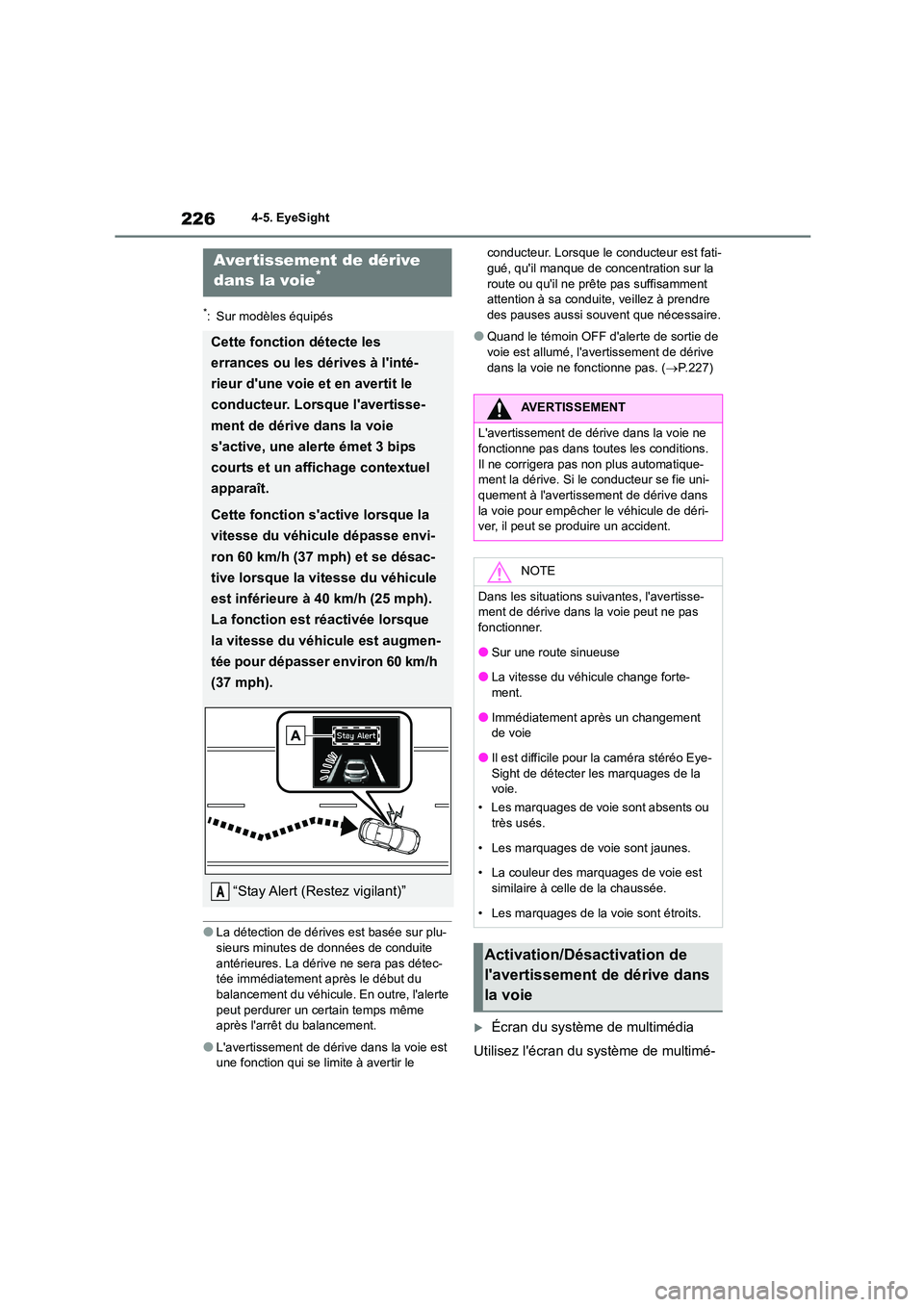 TOYOTA GR86 2022 Notices Demploi (in French) 2264-5. EyeSight
*: Sur modèles équipés
●La détection de dérives est basée sur plu-
sieurs minutes de données de conduite
antérieures. La dérive ne sera pas détec- tée immédiatement ap TOYOTA GR86 2022 Notices Demploi (in French) 2264-5. EyeSight
*: Sur modèles équipés
●La détection de dérives est basée sur plu-
sieurs minutes de données de conduite
antérieures. La dérive ne sera pas détec- tée immédiatement ap