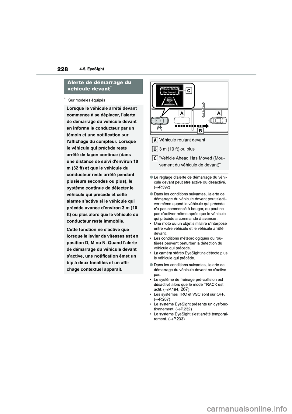 TOYOTA GR86 2022 Notices Demploi (in French) 2284-5. EyeSight
*: Sur modèles équipés
●Le réglage dalerte de démarrage du véhi-
cule devant peut être activé ou désactivé.
( P.392)
●Dans les conditions suivantes, lalerte de
TOYOTA GR86 2022 Notices Demploi (in French) 2284-5. EyeSight
*: Sur modèles équipés
●Le réglage dalerte de démarrage du véhi-
cule devant peut être activé ou désactivé.
( P.392)
●Dans les conditions suivantes, lalerte de