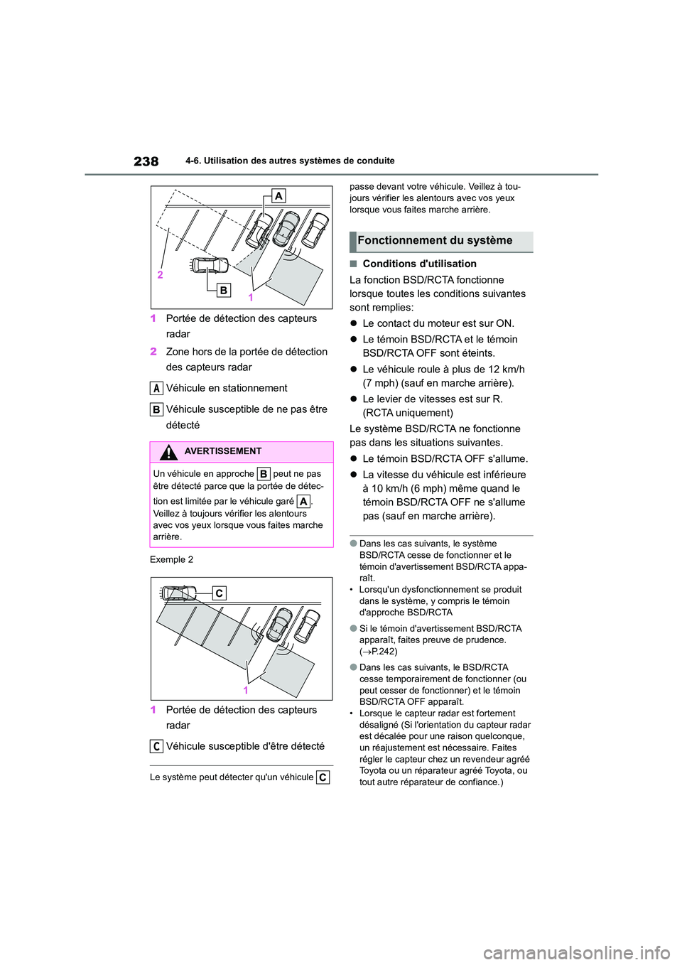 TOYOTA GR86 2022 Notices Demploi (in French) 2384-6. Utilisation des autres systèmes de conduite
1Portée de détection des capteurs
radar
2 Zone hors de la portée de détection
des capteurs radar
Véhicule en stationnement
Véhicule su TOYOTA GR86 2022 Notices Demploi (in French) 2384-6. Utilisation des autres systèmes de conduite
1Portée de détection des capteurs
radar
2 Zone hors de la portée de détection
des capteurs radar
Véhicule en stationnement
Véhicule su