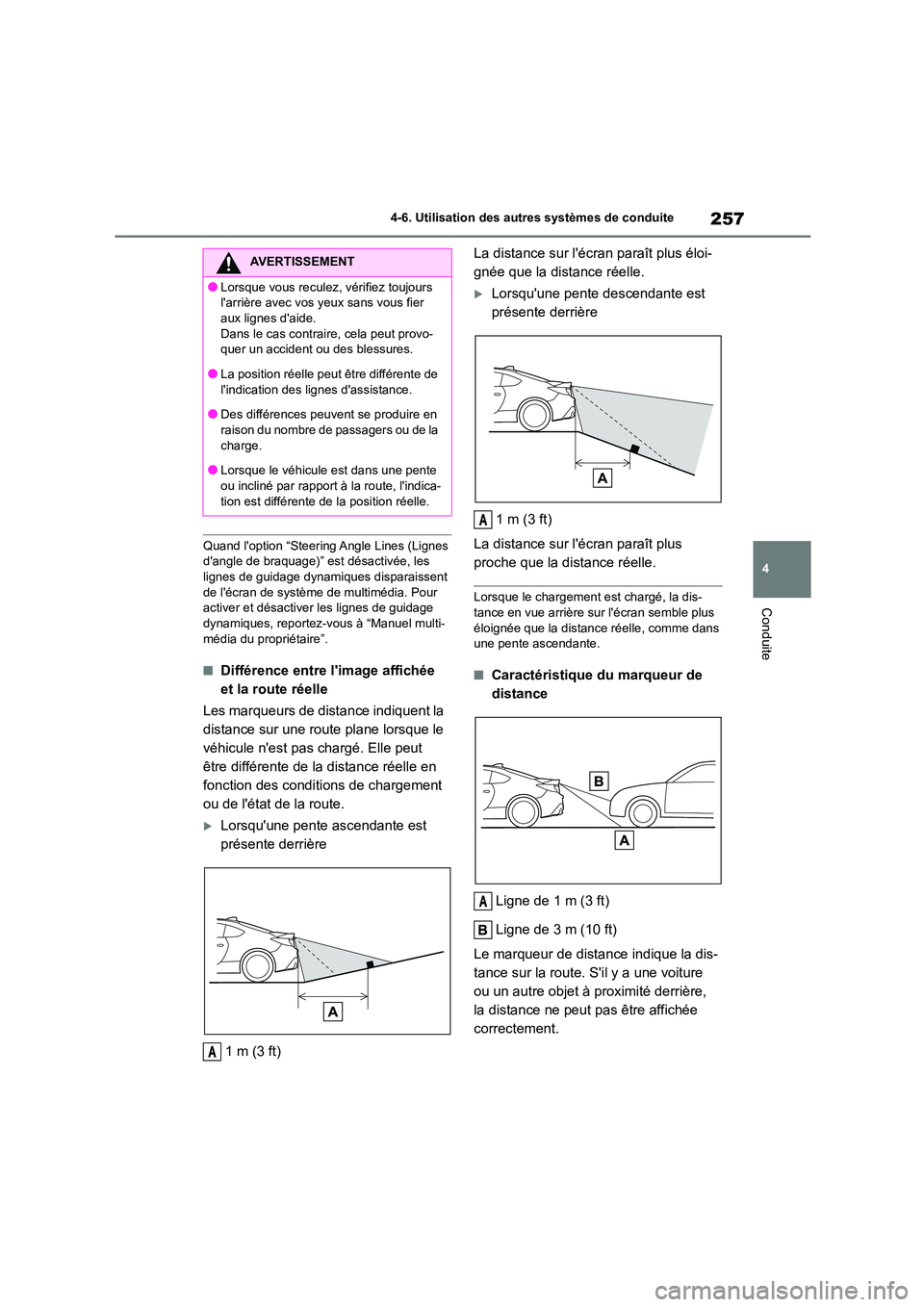 TOYOTA GR86 2022 Notices Demploi (in French) 257
4
4-6. Utilisation des autres systèmes de conduite
Conduite
Quand loption “Steering Angle Lines (Lignes dangle de braquage)” est désactivée, les
lignes de guidage dynami ques disparai TOYOTA GR86 2022 Notices Demploi (in French) 257
4
4-6. Utilisation des autres systèmes de conduite
Conduite
Quand loption “Steering Angle Lines (Lignes dangle de braquage)” est désactivée, les
lignes de guidage dynami ques disparai