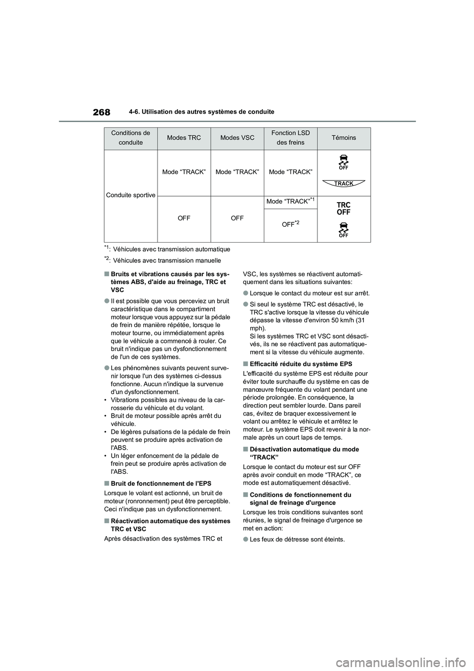 TOYOTA GR86 2022 Notices Demploi (in French) 2684-6. Utilisation des autres systèmes de conduite
*1: Véhicules avec transmission automatique
*2: Véhicules avec transmission manuelle
■Bruits et vibrations causés par les sys- tèmes ABS, da TOYOTA GR86 2022 Notices Demploi (in French) 2684-6. Utilisation des autres systèmes de conduite
*1: Véhicules avec transmission automatique
*2: Véhicules avec transmission manuelle
■Bruits et vibrations causés par les sys- tèmes ABS, da