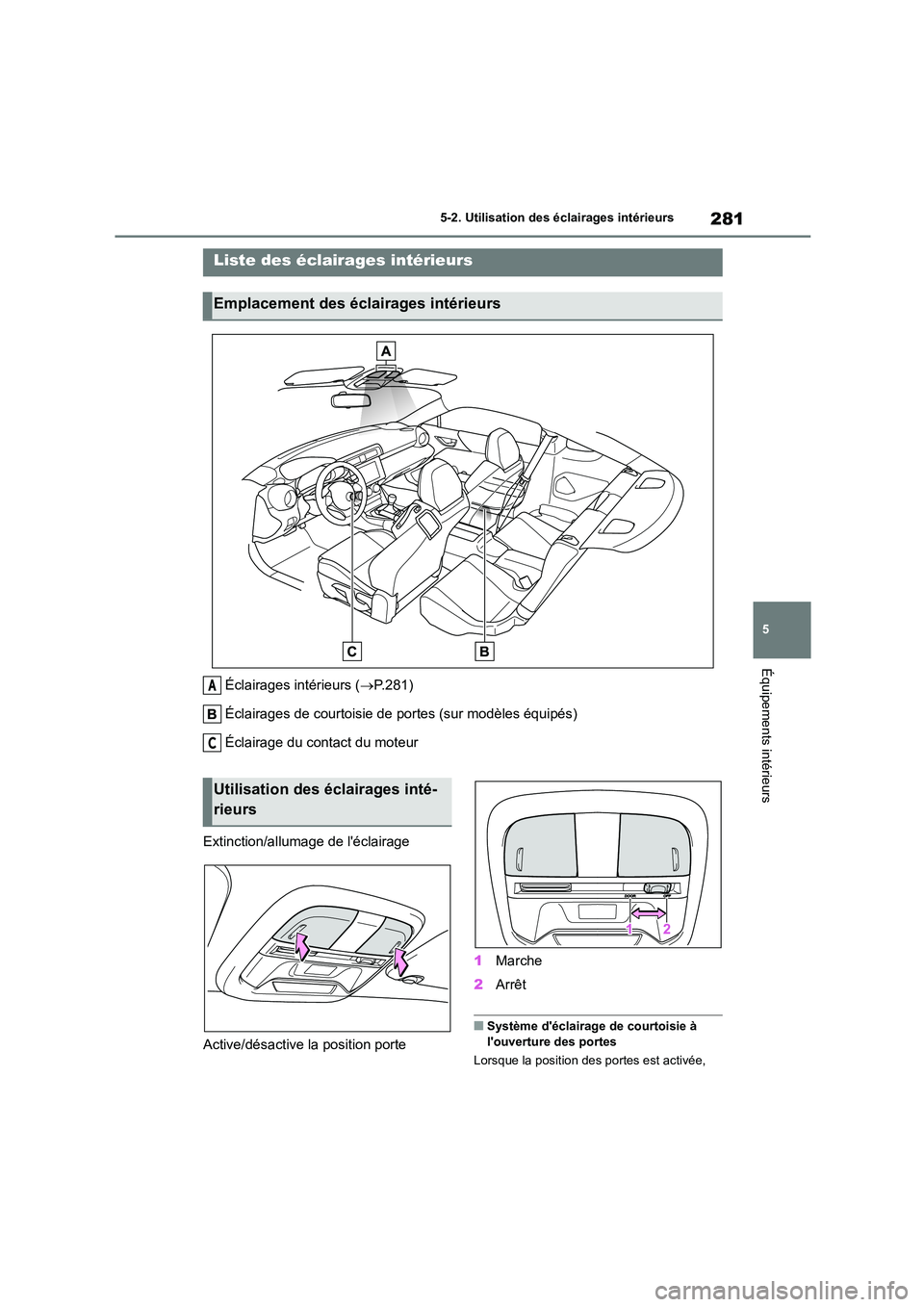 TOYOTA GR86 2022 Notices Demploi (in French) 281
5
5-2. Utilisation des éclairages intérieurs
Équipements intérieurs
5-2.Utilisation des éclairages intérieurs
Éclairages intérieurs ( P.281)
Éclairages de courtoisie de portes (sur m TOYOTA GR86 2022 Notices Demploi (in French) 281
5
5-2. Utilisation des éclairages intérieurs
Équipements intérieurs
5-2.Utilisation des éclairages intérieurs
Éclairages intérieurs ( P.281)
Éclairages de courtoisie de portes (sur m