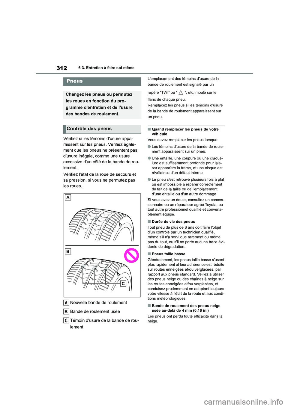 TOYOTA GR86 2022 Notices Demploi (in French) 3126-3. Entretien à faire soi-même
Vérifiez si les témoins dusure appa-
raissent sur les pneus. Vérifiez égale-
ment que les pneus ne présentent pas
dusure inégale, comme une usure
excess TOYOTA GR86 2022 Notices Demploi (in French) 3126-3. Entretien à faire soi-même
Vérifiez si les témoins dusure appa-
raissent sur les pneus. Vérifiez égale-
ment que les pneus ne présentent pas
dusure inégale, comme une usure
excess