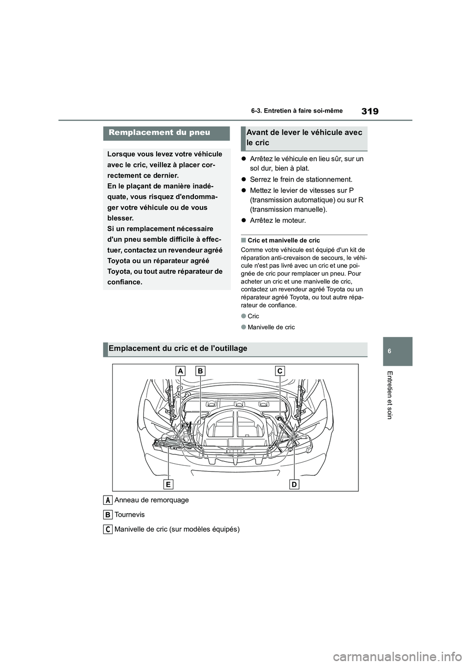 TOYOTA GR86 2022 Notices Demploi (in French) 319
6
6-3. Entretien à faire soi-même
Entretien et soin
Arrêtez le véhicule en lieu sûr, sur un
sol dur, bien à plat.
Serrez le frein de stationnement.
Mettez le levier de vites TOYOTA GR86 2022 Notices Demploi (in French) 319
6
6-3. Entretien à faire soi-même
Entretien et soin
Arrêtez le véhicule en lieu sûr, sur un
sol dur, bien à plat.
Serrez le frein de stationnement.
Mettez le levier de vites
