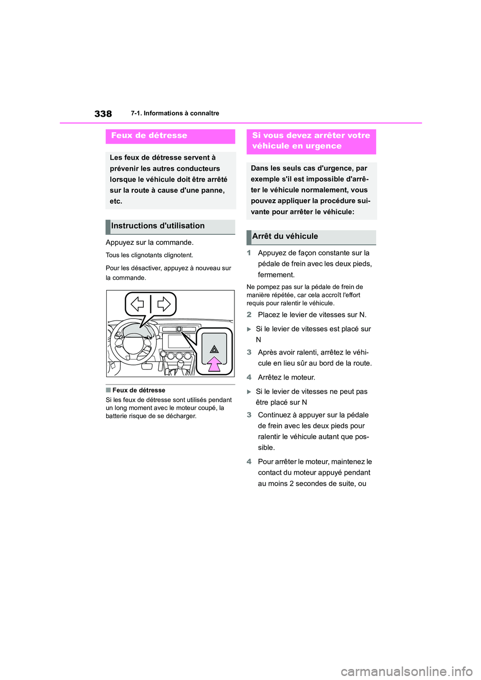 TOYOTA GR86 2022  Notices Demploi (in French) 3387-1. Informations à connaître
7-1.Informations à connaître
Appuyez sur la commande.
Tous les clignotants clignotent. 
Pour les désactiver, appuyez à nouveau sur  
la commande.
■Feux de dét