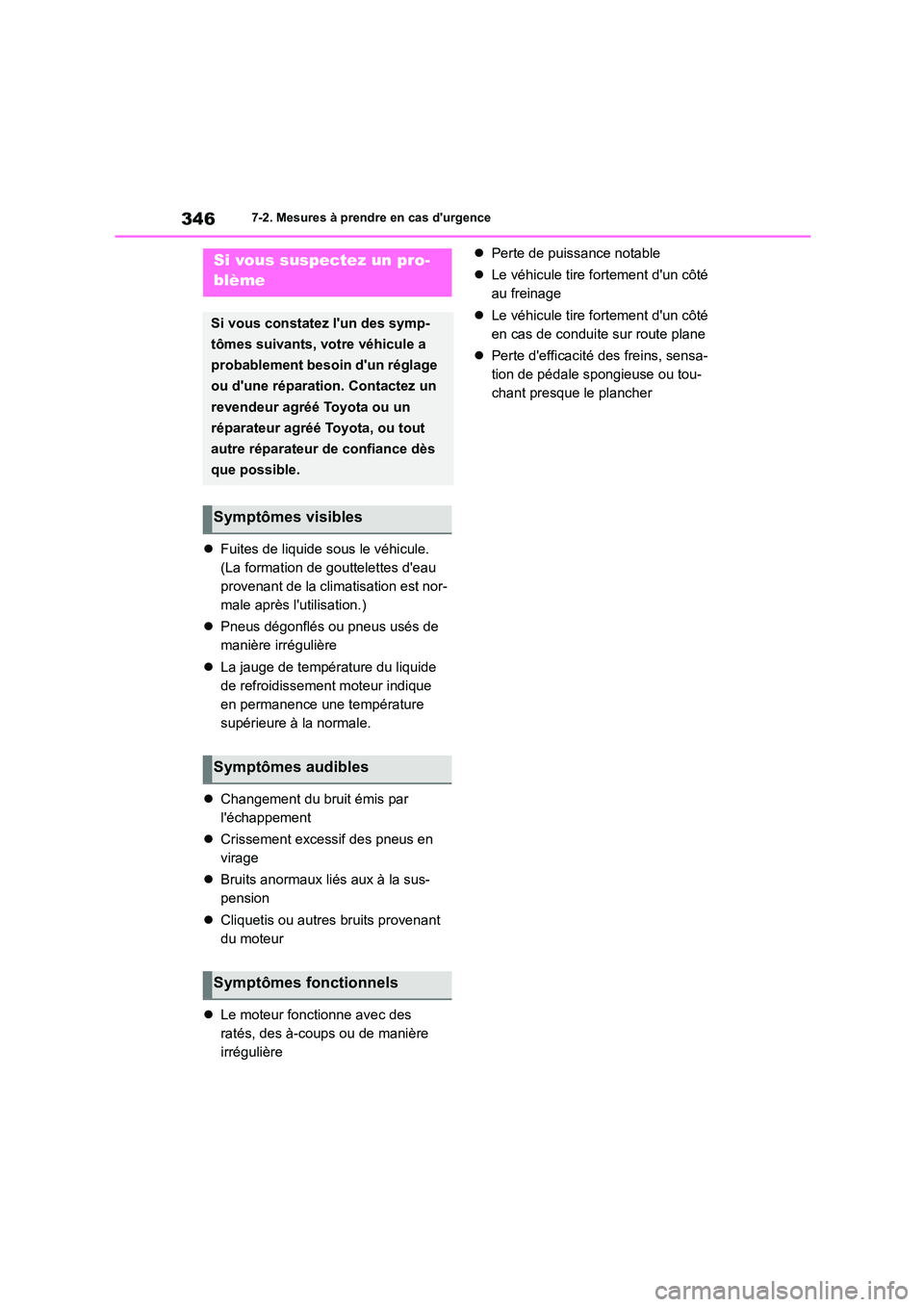 TOYOTA GR86 2022  Notices Demploi (in French) 3467-2. Mesures à prendre en cas durgence
Fuites de liquide sous le véhicule. 
(La formation de gouttelettes deau 
provenant de la climatisation est nor-
male après lutilisation.) 
 Pneus 