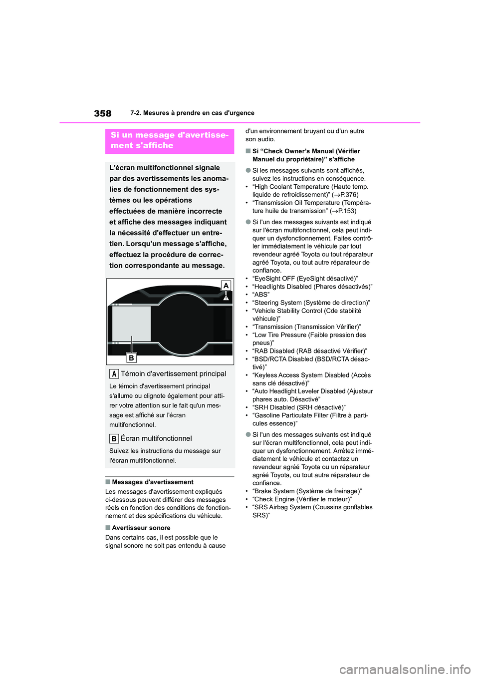 TOYOTA GR86 2022  Notices Demploi (in French) 3587-2. Mesures à prendre en cas durgence
■Messages davertissement 
Les messages davertissement expliqués  
ci-dessous peuvent différer des messages  réels en fonction des  conditions de fonc