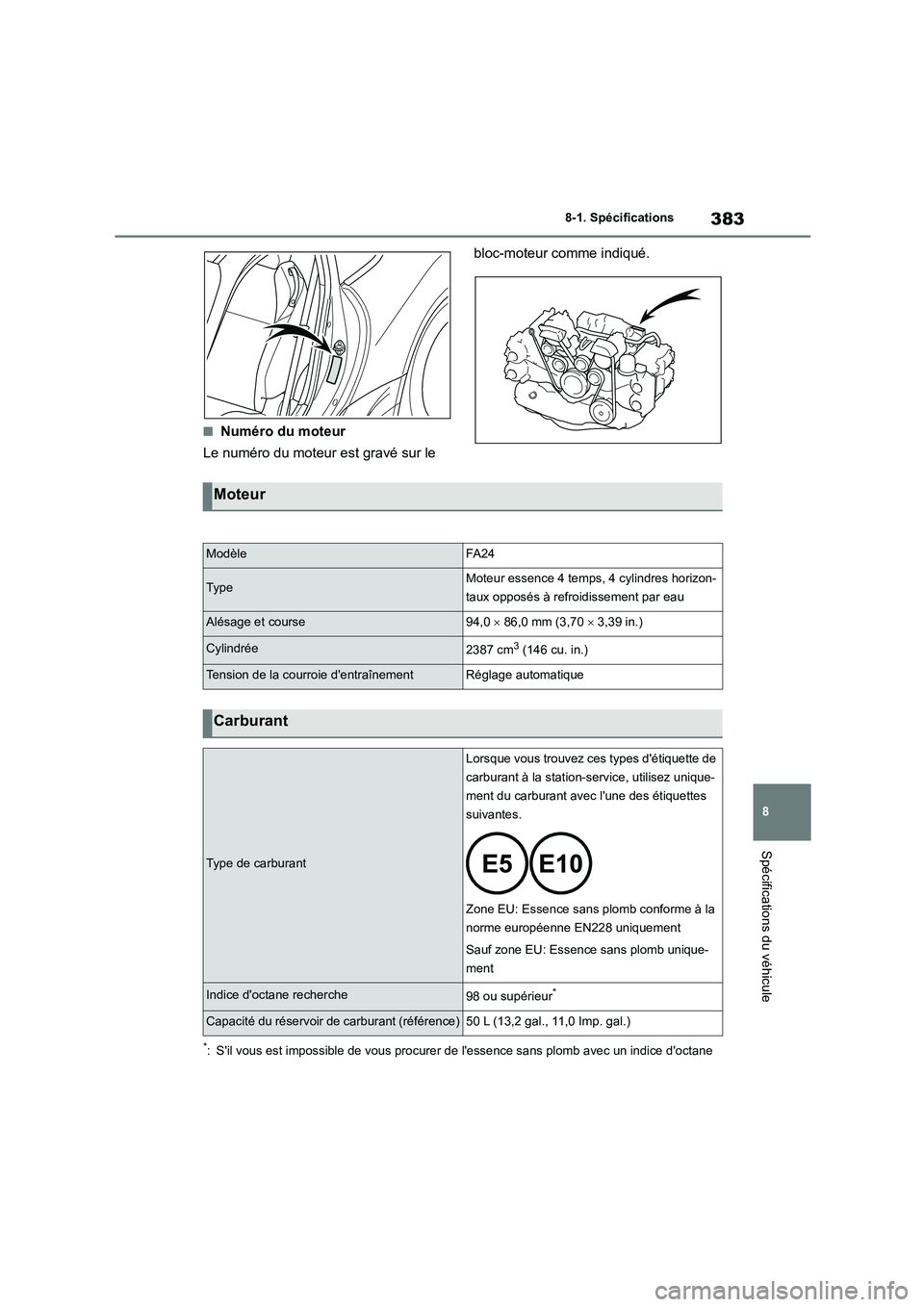 TOYOTA GR86 2022 Notices Demploi (in French) 383
8
8-1. Spécifications
Spécifications du véhicule
■Numéro du moteur
Le numéro du moteur est gravé sur le
bloc-moteur comme indiqué.
*: Sil vous est impossible de vous procurer de le TOYOTA GR86 2022 Notices Demploi (in French) 383
8
8-1. Spécifications
Spécifications du véhicule
■Numéro du moteur
Le numéro du moteur est gravé sur le
bloc-moteur comme indiqué.
*: Sil vous est impossible de vous procurer de le