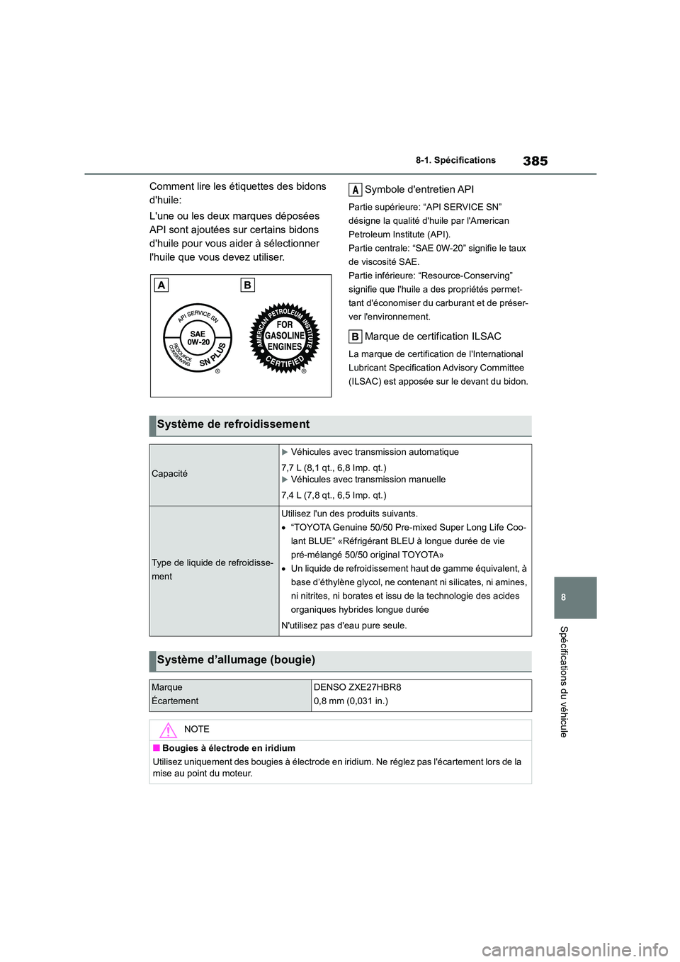 TOYOTA GR86 2022 Notices Demploi (in French) 385
8
8-1. Spécifications
Spécifications du véhicule
Comment lire les étiquettes des bidons
dhuile:
Lune ou les deux marques déposées
API sont ajoutées sur certains bidons
dhuile pour TOYOTA GR86 2022 Notices Demploi (in French) 385
8
8-1. Spécifications
Spécifications du véhicule
Comment lire les étiquettes des bidons
dhuile:
Lune ou les deux marques déposées
API sont ajoutées sur certains bidons
dhuile pour