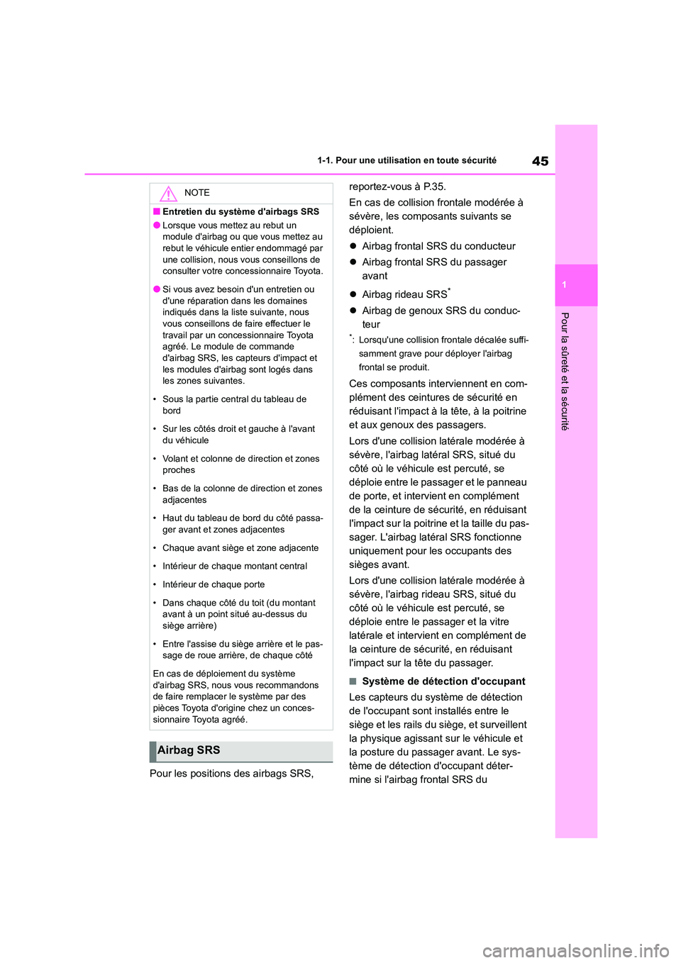 TOYOTA GR86 2022  Notices Demploi (in French) 45
1 
1-1. Pour une utilisation en toute sécurité
Pour la sûreté et la sécurité
Pour les positions des airbags SRS,  
reportez-vous à P.35. 
En cas de collision frontale modérée à  
sévère