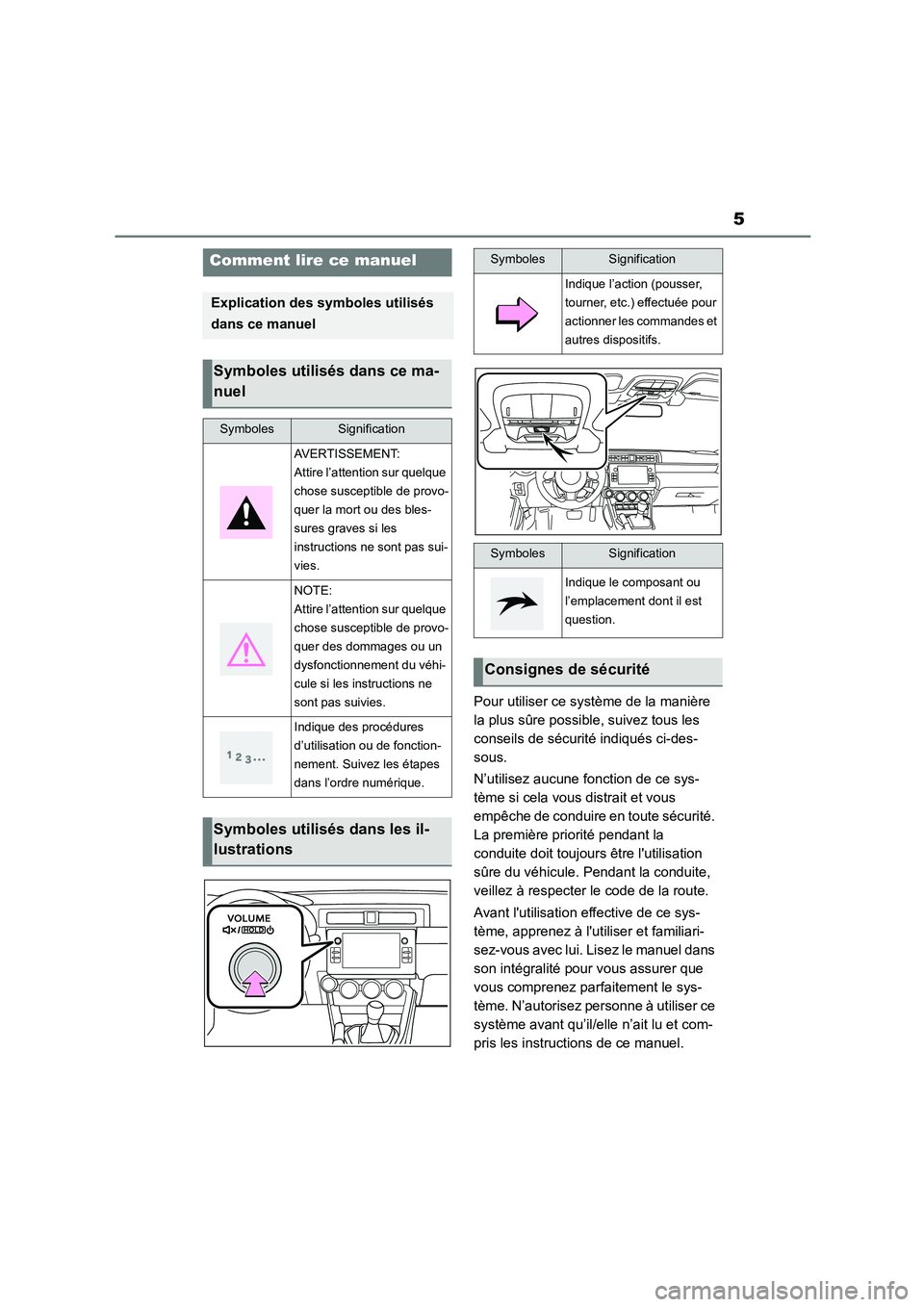 TOYOTA GR86 2022 Notices Demploi (in French) 5
Pour utiliser ce système de la manière
la plus sûre possible, suivez tous les
conseils de sécurité indiqués ci-des-
sous.
N’utilisez aucune fonction de ce sys-
tème si cela vous distra TOYOTA GR86 2022 Notices Demploi (in French) 5
Pour utiliser ce système de la manière
la plus sûre possible, suivez tous les
conseils de sécurité indiqués ci-des-
sous.
N’utilisez aucune fonction de ce sys-
tème si cela vous distra