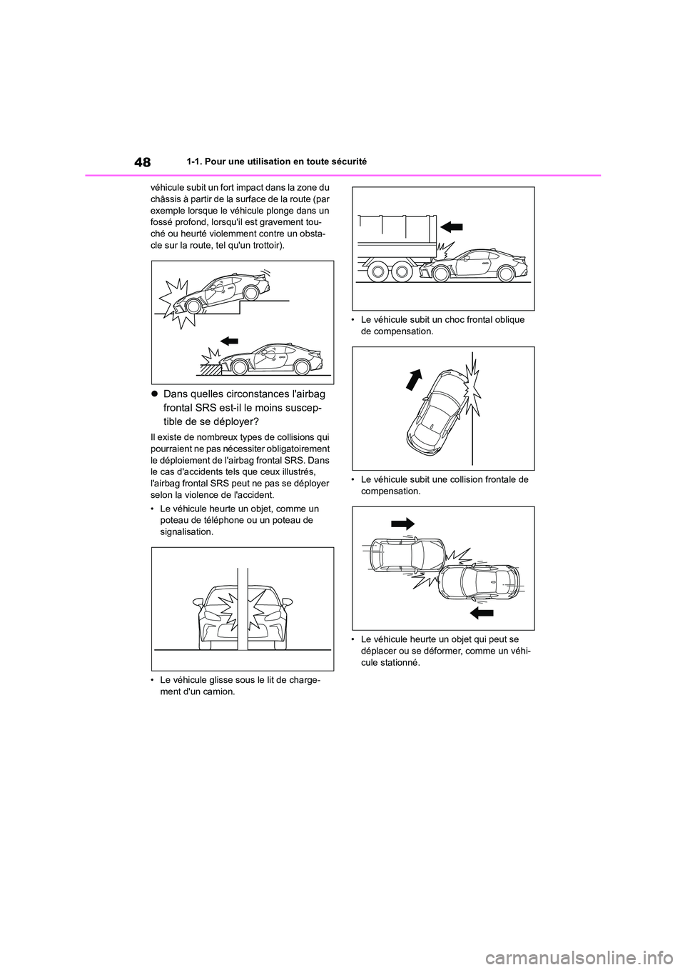 TOYOTA GR86 2022  Notices Demploi (in French) 481-1. Pour une utilisation en toute sécurité 
véhicule subit un fort impact dans la zone du  châssis à partir de la surface de la route (par  
exemple lorsque le véhicule plonge dans un 
fossé