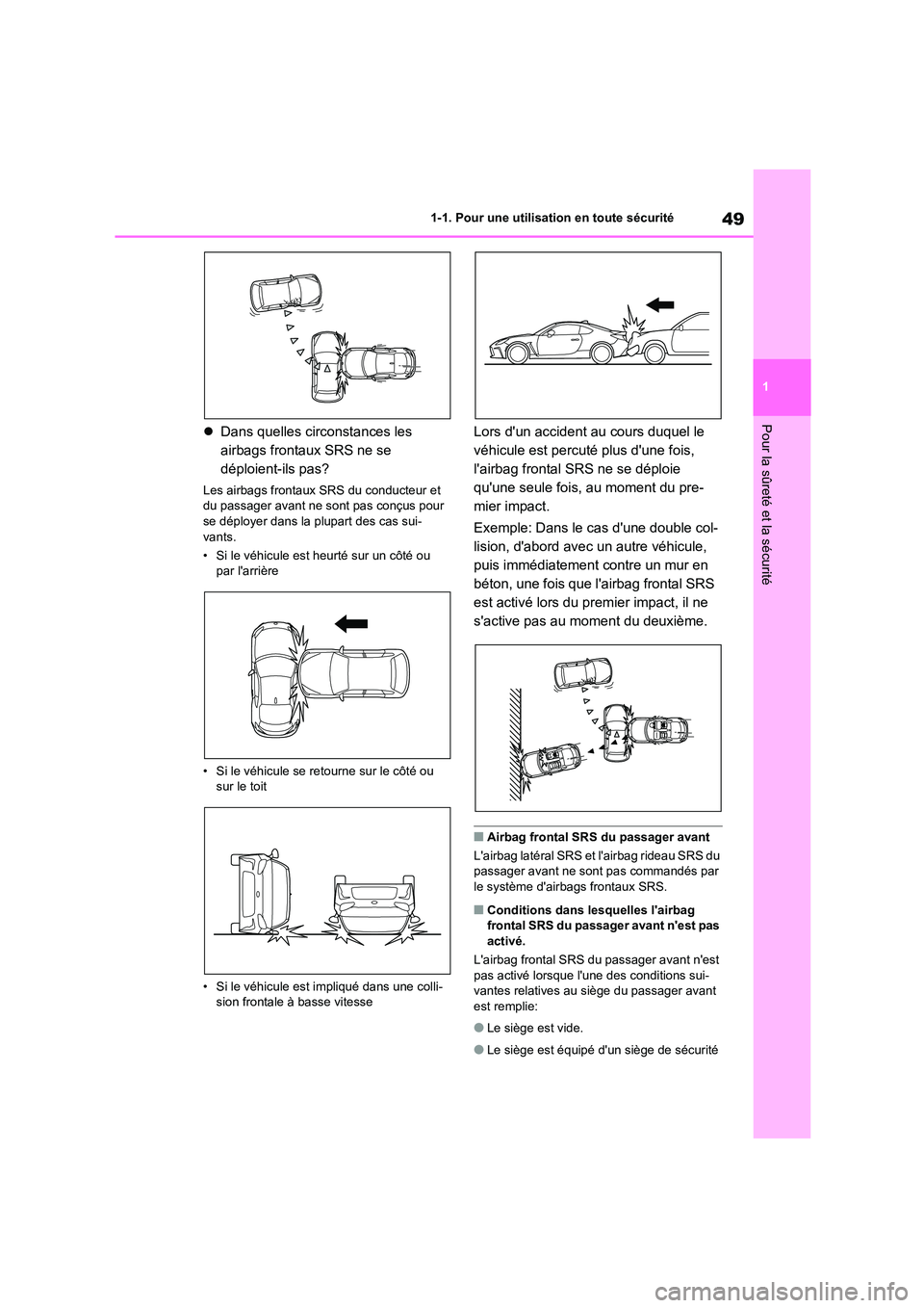 TOYOTA GR86 2022 Notices Demploi (in French) 49
1
1-1. Pour une utilisation en toute sécurité
Pour la sûreté et la sécurité Dans quelles circonstances les
airbags frontaux SRS ne se
déploient-ils pas?
Les airbags frontaux SRS du co TOYOTA GR86 2022 Notices Demploi (in French) 49
1
1-1. Pour une utilisation en toute sécurité
Pour la sûreté et la sécurité Dans quelles circonstances les
airbags frontaux SRS ne se
déploient-ils pas?
Les airbags frontaux SRS du co