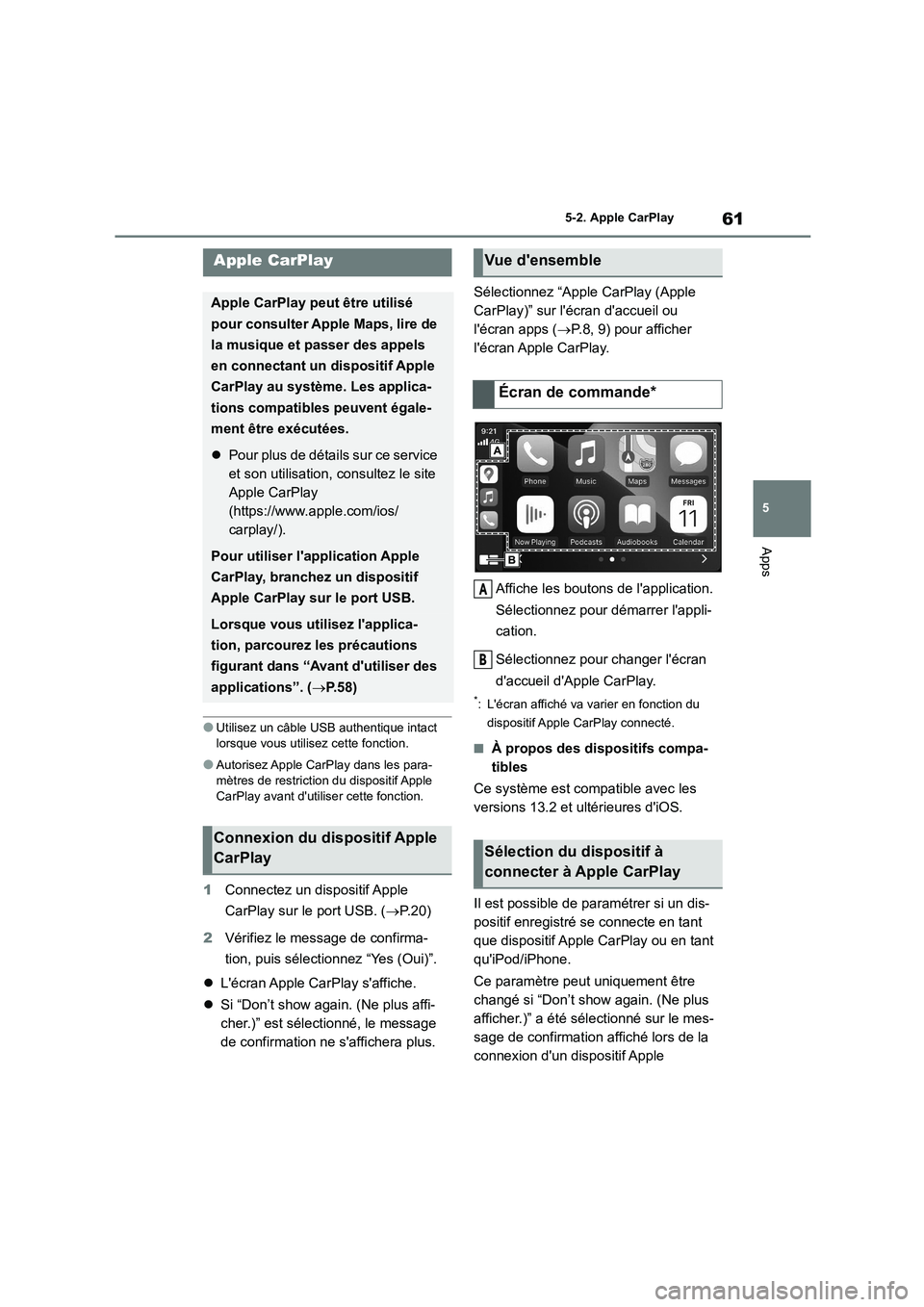 TOYOTA GR86 2022 Notices Demploi (in French) 61
5
5-2. Apple CarPlay
Apps
5-2.Apple CarPlay
●Utilisez un câble USB authentique intact
lorsque vous utilisez cette fonction.
●Autorisez Apple CarPlay dans les para-
mètres de restriction du TOYOTA GR86 2022 Notices Demploi (in French) 61
5
5-2. Apple CarPlay
Apps
5-2.Apple CarPlay
●Utilisez un câble USB authentique intact
lorsque vous utilisez cette fonction.
●Autorisez Apple CarPlay dans les para-
mètres de restriction du