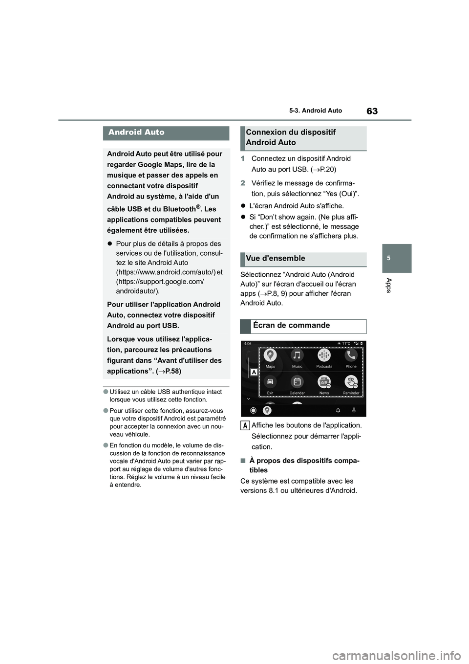 TOYOTA GR86 2022 Notices Demploi (in French) 63
5
5-3. Android Auto
Apps
5-3.Android Auto
●Utilisez un câble USB authentique intact
lorsque vous utilisez cette fonction.
●Pour utiliser cette fonction, assurez-vous
que votre dispositif A TOYOTA GR86 2022 Notices Demploi (in French) 63
5
5-3. Android Auto
Apps
5-3.Android Auto
●Utilisez un câble USB authentique intact
lorsque vous utilisez cette fonction.
●Pour utiliser cette fonction, assurez-vous
que votre dispositif A