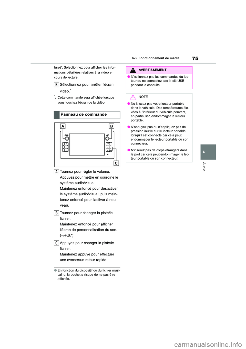 TOYOTA GR86 2022 Notices Demploi (in French) 75
6
6-3. Fonctionnement de média
Audio
ture)”: Sélectionnez pour afficher les infor-
mations détaillées relatives à la vidéo en
cours de lecture.
Sélectionnez pour arrêter lécran
vid TOYOTA GR86 2022 Notices Demploi (in French) 75
6
6-3. Fonctionnement de média
Audio
ture)”: Sélectionnez pour afficher les infor-
mations détaillées relatives à la vidéo en
cours de lecture.
Sélectionnez pour arrêter lécran
vid