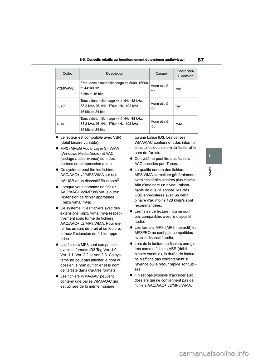 TOYOTA GR86 2022 Notices Demploi (in French) 87
6
6-5. Conseils relatifs au fonctionnement du système audio/visuel
Audio
Le lecteur est compatible avec VBR
(débit binaire variable).
MP3 (MPEG Audio Layer 3), WMA
(Windows Media A TOYOTA GR86 2022 Notices Demploi (in French) 87
6
6-5. Conseils relatifs au fonctionnement du système audio/visuel
Audio
Le lecteur est compatible avec VBR
(débit binaire variable).
MP3 (MPEG Audio Layer 3), WMA
(Windows Media A