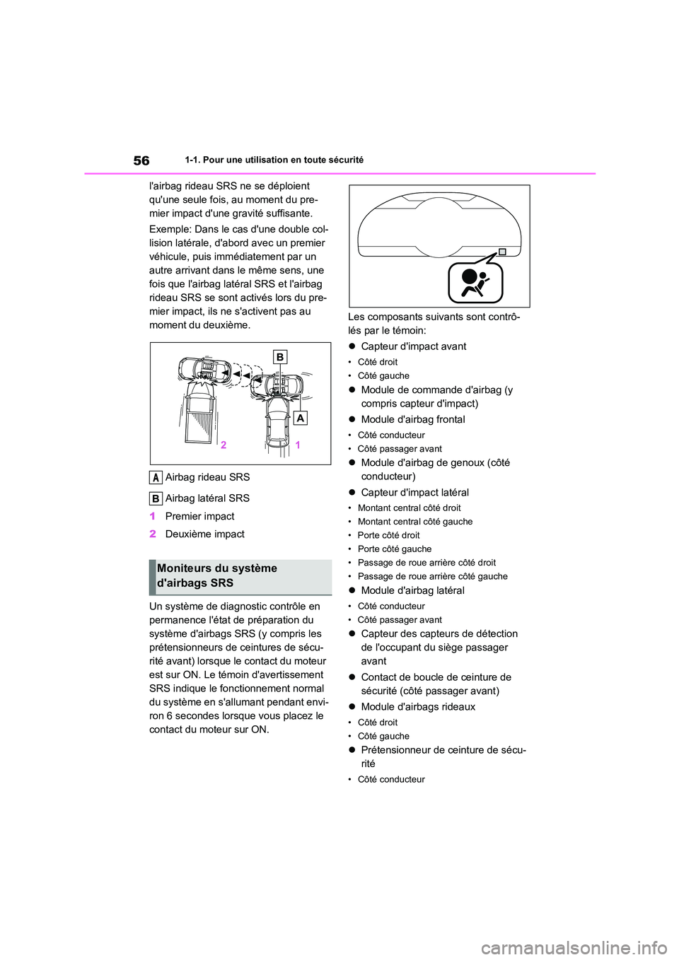 TOYOTA GR86 2022 Notices Demploi (in French) 561-1. Pour une utilisation en toute sécurité
lairbag rideau SRS ne se déploient
quune seule fois, au moment du pre-
mier impact dune gravité suffisante.
Exemple: Dans le cas dune double co TOYOTA GR86 2022 Notices Demploi (in French) 561-1. Pour une utilisation en toute sécurité
lairbag rideau SRS ne se déploient
quune seule fois, au moment du pre-
mier impact dune gravité suffisante.
Exemple: Dans le cas dune double co