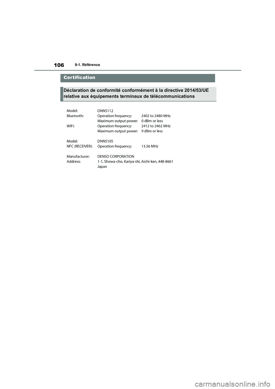 TOYOTA GR86 2022  Notices Demploi (in French) 1069-1. Référence
9-1.RéférenceCertification
Déclaration de conformité conformément à la directive 2014/53/UE  
relative aux équipements terminaux de télécommunications 