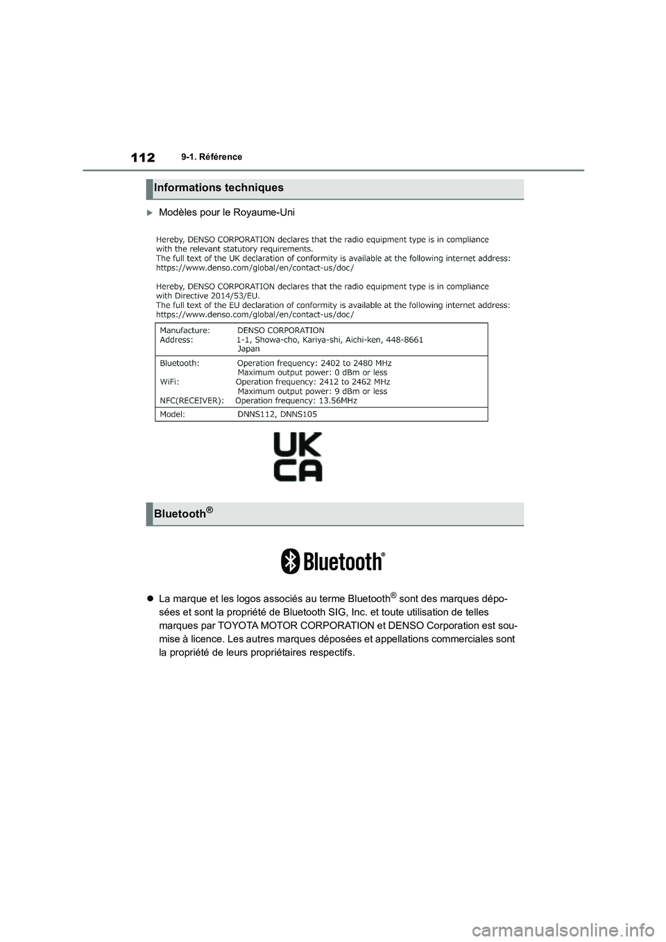 TOYOTA GR86 2022  Notices Demploi (in French) 1129-1. Référence
Modèles pour le Royaume-Uni 
 La marque et les logos associés au terme Bluetooth® sont des marques dépo- 
sées et sont la propriété de Bluetooth SIG, Inc. et toute uti