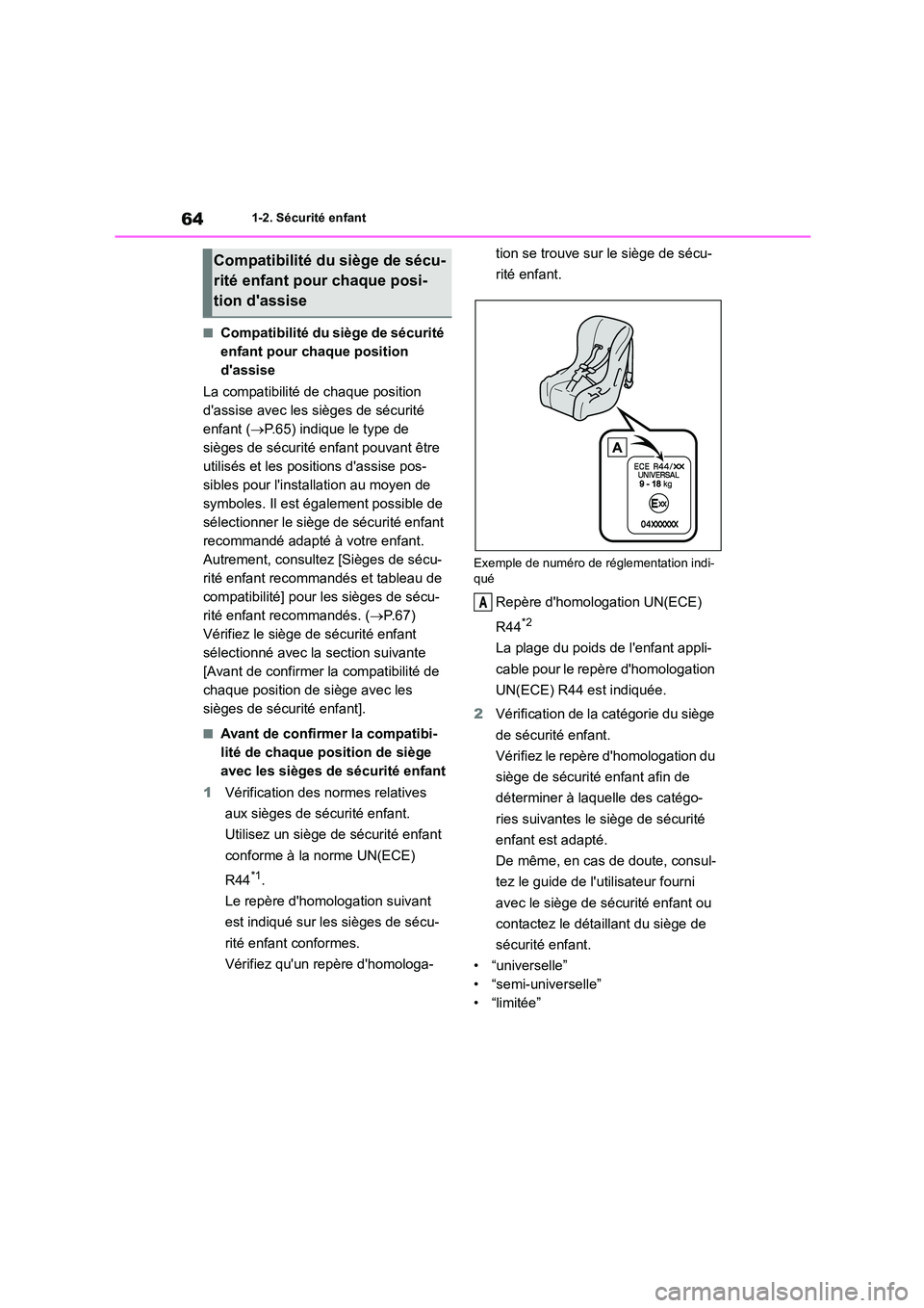 TOYOTA GR86 2022  Notices Demploi (in French) 641-2. Sécurité enfant
■Compatibilité du siège de sécurité  
enfant pour chaque position 
dassise 
La compatibilité de chaque position  
dassise avec les sièges de sécurité 
enfant ( 