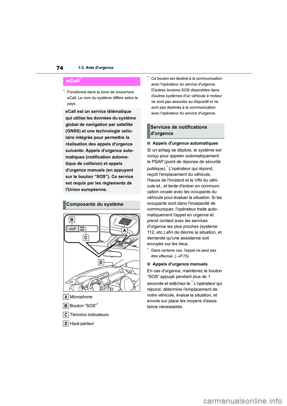 TOYOTA GR86 2022 Notices Demploi (in French) 741-3. Aide durgence
1-3.Aide durgence
*: Fonctionne dans la zone de couverture
eCall. Le nom du système diffère selon le
pays.
Microphone
Bouton “SOS”*
Témoins indicateurs
Haut-parleur
* TOYOTA GR86 2022 Notices Demploi (in French) 741-3. Aide durgence
1-3.Aide durgence
*: Fonctionne dans la zone de couverture
eCall. Le nom du système diffère selon le
pays.
Microphone
Bouton “SOS”*
Témoins indicateurs
Haut-parleur
*