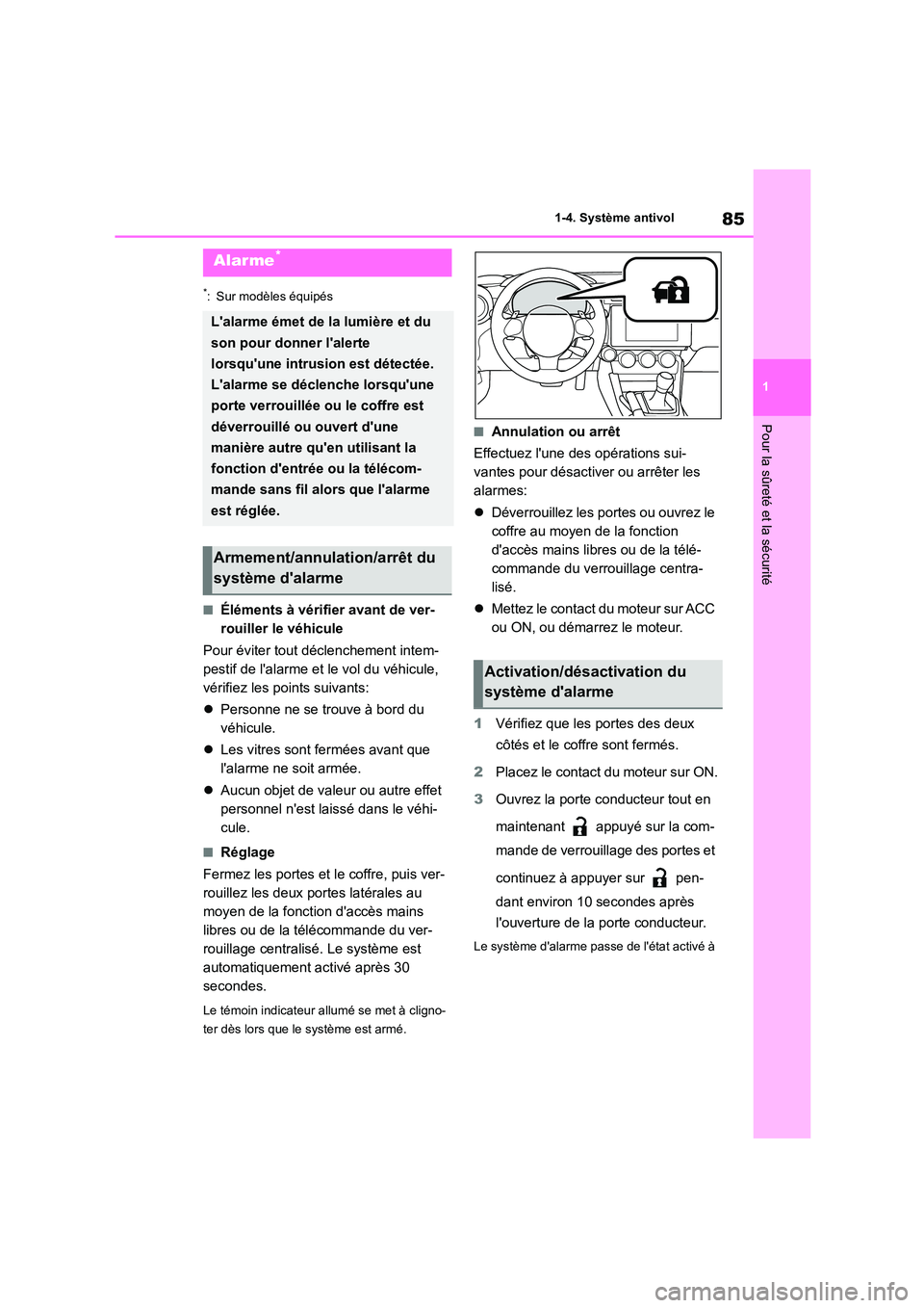 TOYOTA GR86 2022  Notices Demploi (in French) 85
1 
1-4. Système antivol
Pour la sûreté et la sécurité
*: Sur modèles équipés
■Éléments à vérifier avant de ver- 
rouiller le véhicule 
Pour éviter tout déclenchement intem- 
pestif