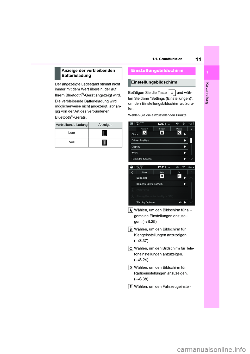 TOYOTA GR86 2022 Betriebsanleitungen (in German) 11
1
1-1. Grundfunktion
KurzanleitungDer angezeigte Ladestand stimmt nicht
immer mit dem Wert überein, der auf
Ihrem Bluetooth®-Gerät angezeigt wird.
Die verbleibende Batterieladung wird
m TOYOTA GR86 2022 Betriebsanleitungen (in German) 11
1
1-1. Grundfunktion
KurzanleitungDer angezeigte Ladestand stimmt nicht
immer mit dem Wert überein, der auf
Ihrem Bluetooth®-Gerät angezeigt wird.
Die verbleibende Batterieladung wird
m