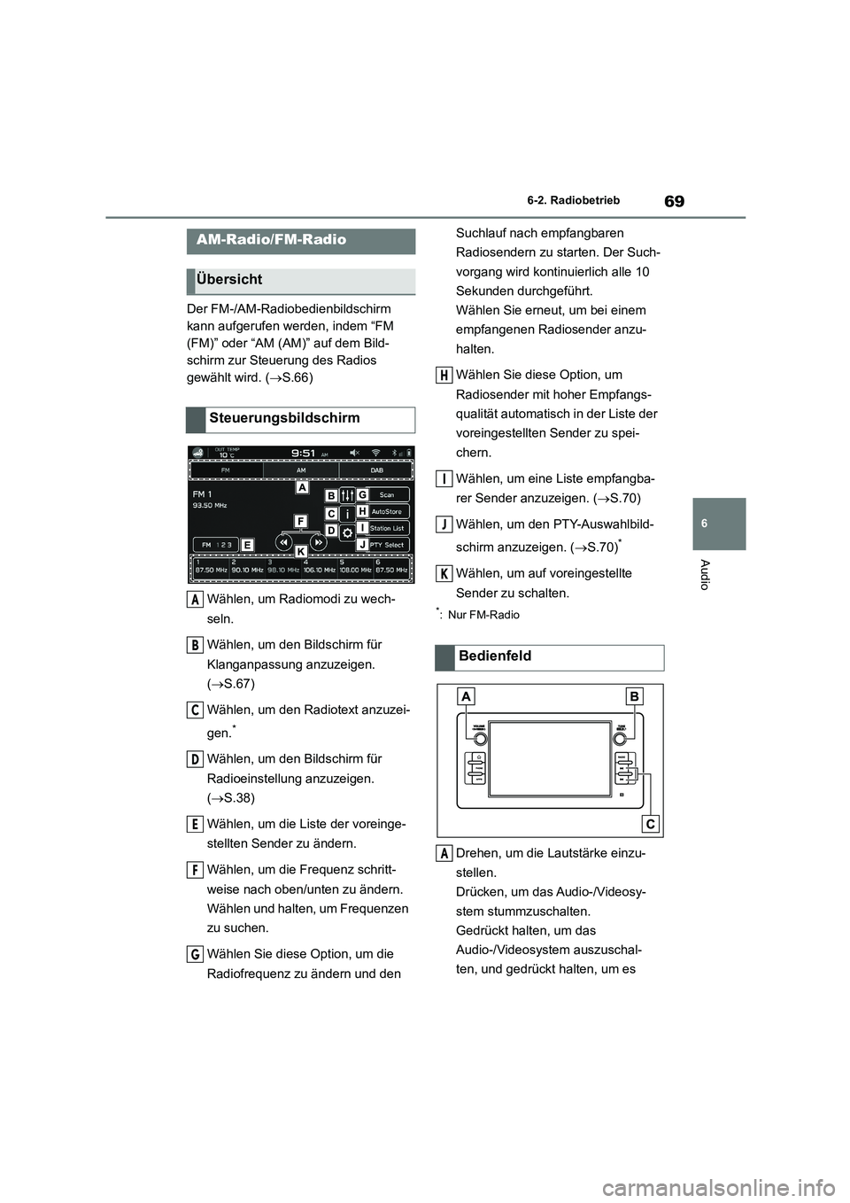 TOYOTA GR86 2022 Betriebsanleitungen (in German) 69
6
6-2. Radiobetrieb
Audio
6-2.Radiobetrieb
Der FM-/AM-Radiobedienbildschirm
kann aufgerufen werden, indem “FM
(FM)” oder “AM (AM)” auf dem Bild-
schirm zur Steuerung des Radios
gewähl TOYOTA GR86 2022 Betriebsanleitungen (in German) 69
6
6-2. Radiobetrieb
Audio
6-2.Radiobetrieb
Der FM-/AM-Radiobedienbildschirm
kann aufgerufen werden, indem “FM
(FM)” oder “AM (AM)” auf dem Bild-
schirm zur Steuerung des Radios
gewähl