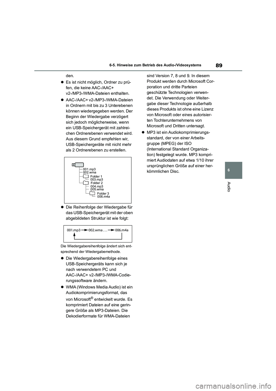 TOYOTA GR86 2022 Betriebsanleitungen (in German) 89
6
6-5. Hinweise zum Betrieb des Audio-/Videosystems
Audio
den.
Es ist nicht möglich, Ordner zu prü-
fen, die keine AAC-/AAC+
v2-/MP3-/WMA-Dateien enthalten.
AAC-/AAC+ v2-/MP3-/WMA-Da TOYOTA GR86 2022 Betriebsanleitungen (in German) 89
6
6-5. Hinweise zum Betrieb des Audio-/Videosystems
Audio
den.
Es ist nicht möglich, Ordner zu prü-
fen, die keine AAC-/AAC+
v2-/MP3-/WMA-Dateien enthalten.
AAC-/AAC+ v2-/MP3-/WMA-Da