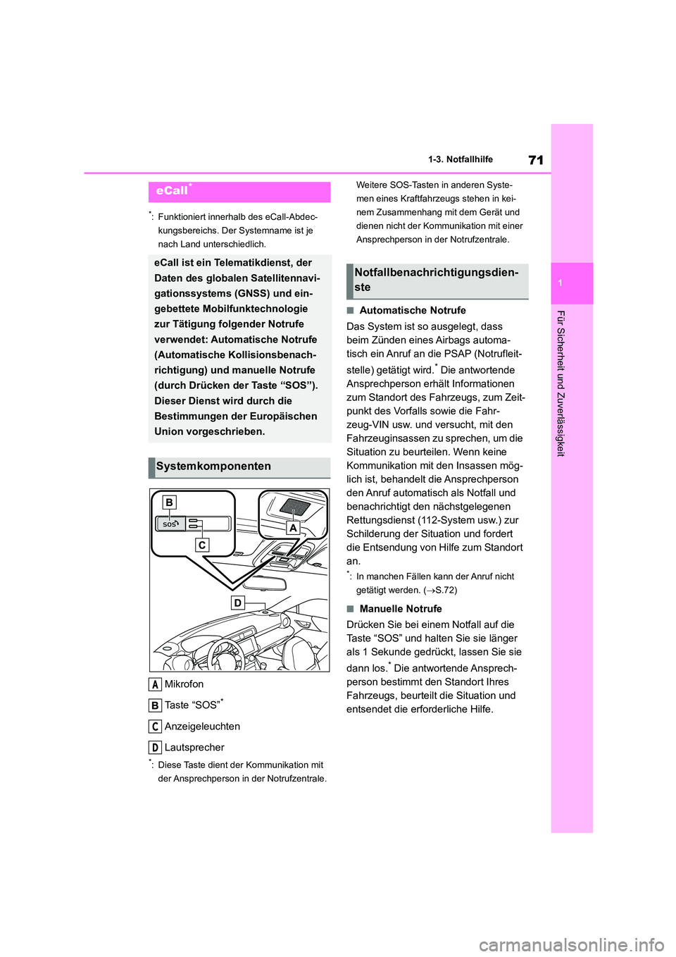 TOYOTA GR86 2022 Betriebsanleitungen (in German) 71
1
1-3. Notfallhilfe
Für Sicherheit und Zuverlässigkeit
1-3.Notfallhilfe
*: Funktioniert innerhalb des eCall-Abdec-
kungsbereichs. Der Systemname ist je
nach Land unterschiedlich.
Mikrofon
Ta TOYOTA GR86 2022 Betriebsanleitungen (in German) 71
1
1-3. Notfallhilfe
Für Sicherheit und Zuverlässigkeit
1-3.Notfallhilfe
*: Funktioniert innerhalb des eCall-Abdec-
kungsbereichs. Der Systemname ist je
nach Land unterschiedlich.
Mikrofon
Ta