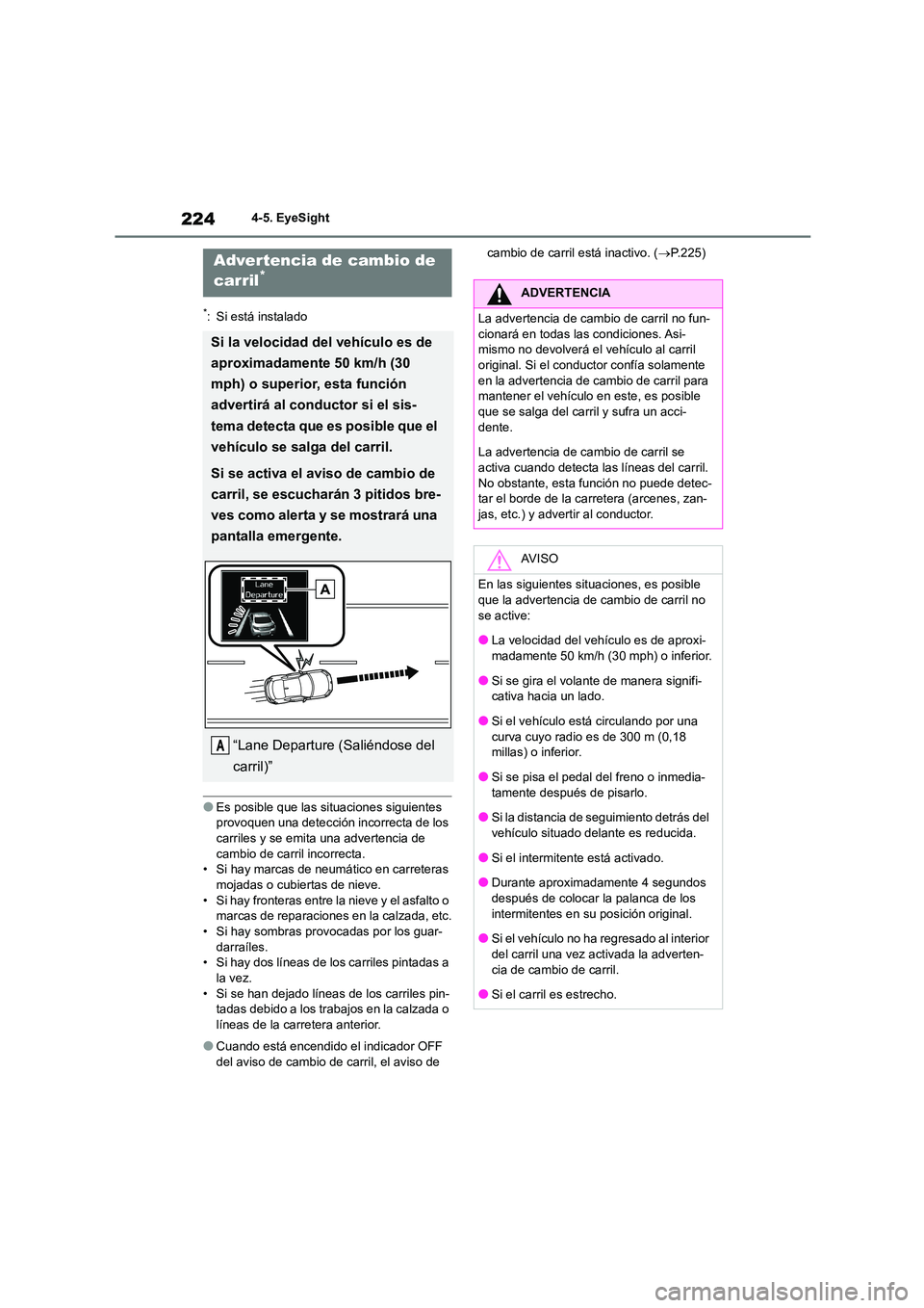 TOYOTA GR86 2022 Manuale de Empleo (in Spanish) 2244-5. EyeSight
*: Si está instalado
●Es posible que las situaciones siguientes
provoquen una detección incorrecta de los
carriles y se emita una advertencia de cambio de carril incorrecta.
TOYOTA GR86 2022 Manuale de Empleo (in Spanish) 2244-5. EyeSight
*: Si está instalado
●Es posible que las situaciones siguientes
provoquen una detección incorrecta de los
carriles y se emita una advertencia de cambio de carril incorrecta.