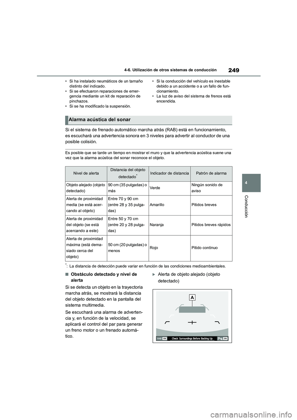 TOYOTA GR86 2022 Manuale de Empleo (in Spanish) 249
4
4-6. Utilización de otros sistemas de conducción
Conducción
• Si ha instalado neumáticos de un tamaño distinto del indicado.
• Si se efectuaron reparaciones de emer-
gencia mediante TOYOTA GR86 2022 Manuale de Empleo (in Spanish) 249
4
4-6. Utilización de otros sistemas de conducción
Conducción
• Si ha instalado neumáticos de un tamaño distinto del indicado.
• Si se efectuaron reparaciones de emer-
gencia mediante