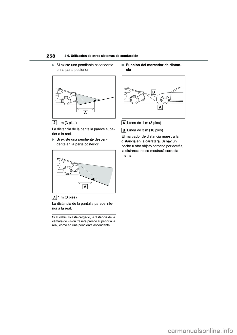 TOYOTA GR86 2022 Manuale de Empleo (in Spanish) 2584-6. Utilización de otros sistemas de conducción
Si existe una pendiente ascendente
en la parte posterior
1 m (3 pies)
La distancia de la pantalla parece supe-
rior a la real.
Si exist TOYOTA GR86 2022 Manuale de Empleo (in Spanish) 2584-6. Utilización de otros sistemas de conducción
Si existe una pendiente ascendente
en la parte posterior
1 m (3 pies)
La distancia de la pantalla parece supe-
rior a la real.
Si exist