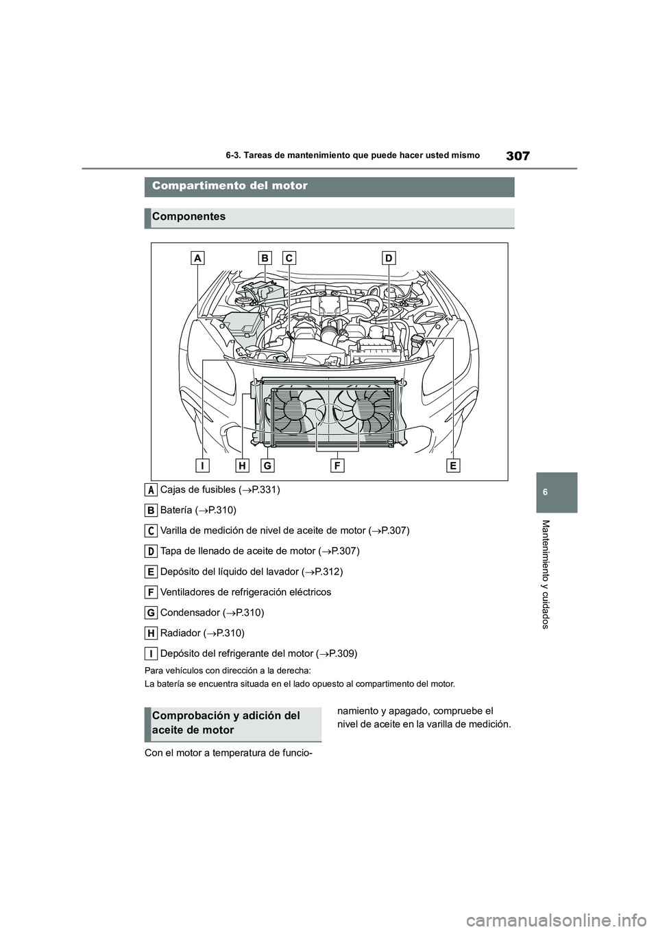 TOYOTA GR86 2022 Manuale de Empleo (in Spanish) 307
6
6-3. Tareas de mantenimiento que puede hacer usted mismo
Mantenimiento y cuidados
Cajas de fusibles ( P.331)
Batería ( P.310)
Varilla de medición de nivel de aceite de motor ( P.30 TOYOTA GR86 2022 Manuale de Empleo (in Spanish) 307
6
6-3. Tareas de mantenimiento que puede hacer usted mismo
Mantenimiento y cuidados
Cajas de fusibles ( P.331)
Batería ( P.310)
Varilla de medición de nivel de aceite de motor ( P.30