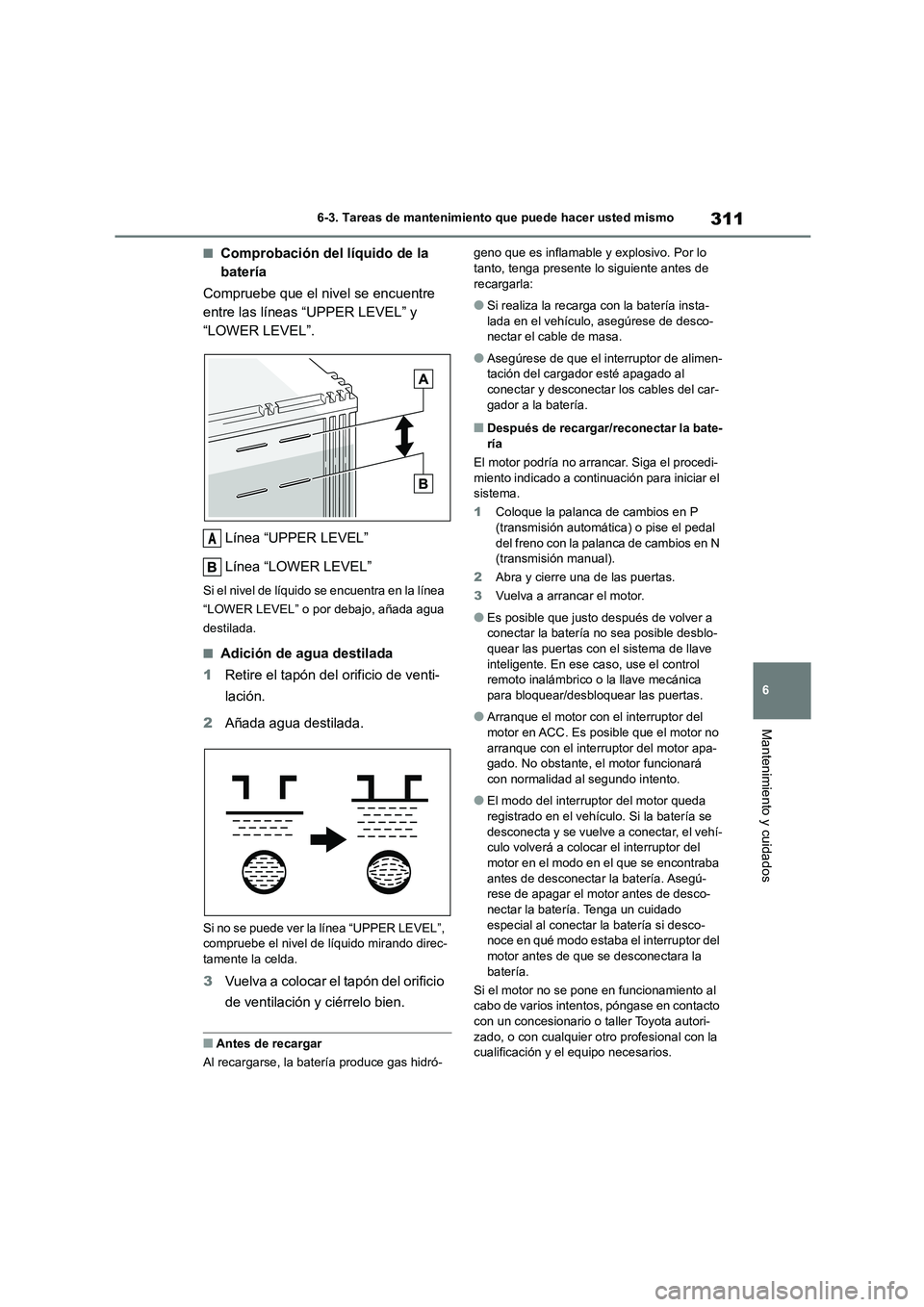 TOYOTA GR86 2022 Manuale de Empleo (in Spanish) 311
6
6-3. Tareas de mantenimiento que puede hacer usted mismo
Mantenimiento y cuidados
■Comprobación del líquido de la
batería
Compruebe que el nivel se encuentre
entre las líneas “UPPE TOYOTA GR86 2022 Manuale de Empleo (in Spanish) 311
6
6-3. Tareas de mantenimiento que puede hacer usted mismo
Mantenimiento y cuidados
■Comprobación del líquido de la
batería
Compruebe que el nivel se encuentre
entre las líneas “UPPE