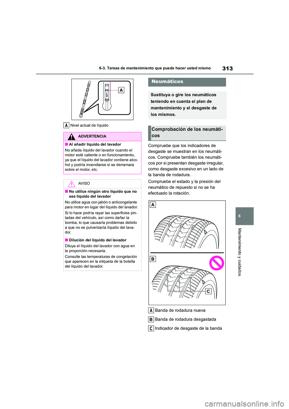 TOYOTA GR86 2022 Manuale de Empleo (in Spanish) 313
6
6-3. Tareas de mantenimiento que puede hacer usted mismo
Mantenimiento y cuidados
Nivel actual de líquido
Compruebe que los indicadores de
desgaste se muestran en los neumáti-
cos. Comprueb TOYOTA GR86 2022 Manuale de Empleo (in Spanish) 313
6
6-3. Tareas de mantenimiento que puede hacer usted mismo
Mantenimiento y cuidados
Nivel actual de líquido
Compruebe que los indicadores de
desgaste se muestran en los neumáti-
cos. Comprueb