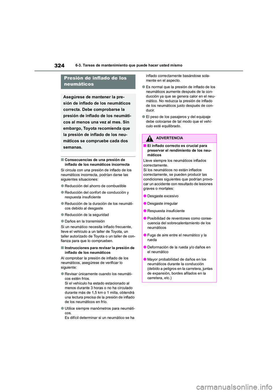 TOYOTA GR86 2022 Manuale de Empleo (in Spanish) 3246-3. Tareas de mantenimiento que puede hacer usted mismo
■Consecuencias de una presión de
inflado de los neumáticos incorrecta
Si circula con una presión de inflado de los
neumáticos inc TOYOTA GR86 2022 Manuale de Empleo (in Spanish) 3246-3. Tareas de mantenimiento que puede hacer usted mismo
■Consecuencias de una presión de
inflado de los neumáticos incorrecta
Si circula con una presión de inflado de los
neumáticos inc