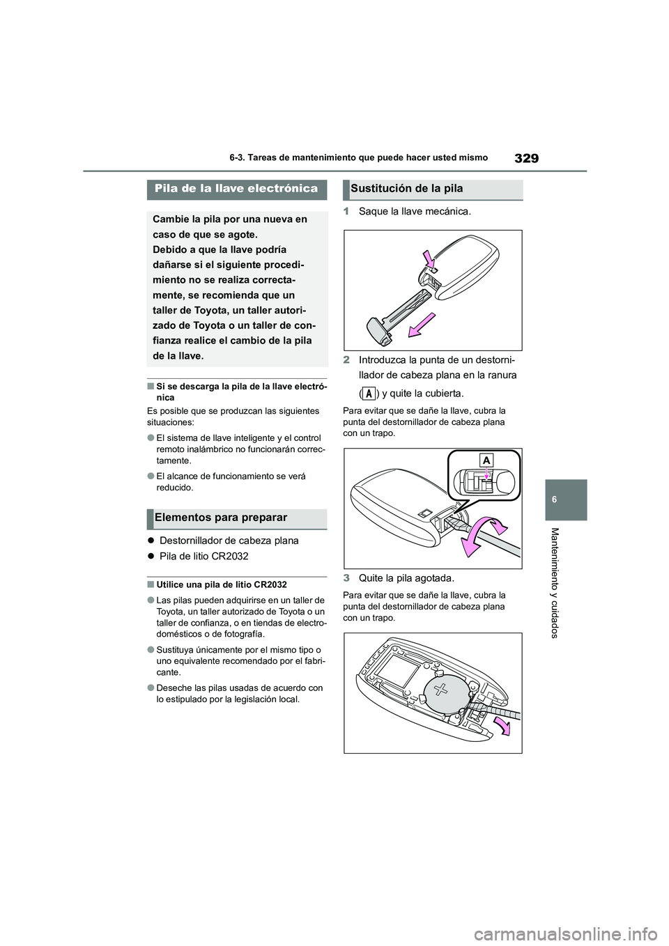 TOYOTA GR86 2022 Manuale de Empleo (in Spanish) 329
6
6-3. Tareas de mantenimiento que puede hacer usted mismo
Mantenimiento y cuidados
■Si se descarga la pila de la llave electró- nica
Es posible que se produzcan las siguientes
situaciones: TOYOTA GR86 2022 Manuale de Empleo (in Spanish) 329
6
6-3. Tareas de mantenimiento que puede hacer usted mismo
Mantenimiento y cuidados
■Si se descarga la pila de la llave electró- nica
Es posible que se produzcan las siguientes
situaciones: