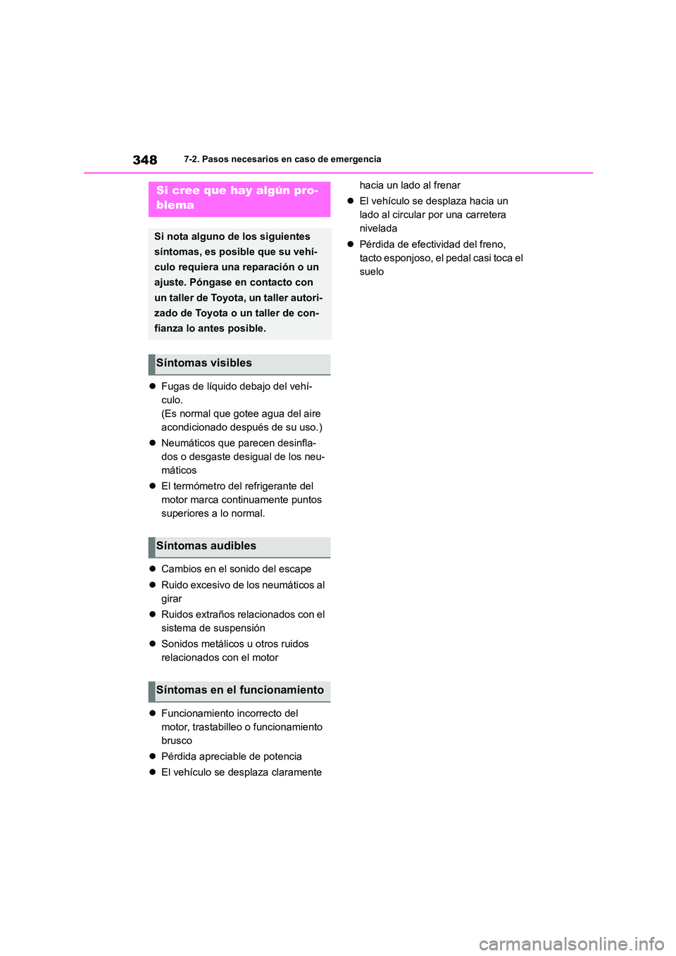 TOYOTA GR86 2022 Manuale de Empleo (in Spanish) 3487-2. Pasos necesarios en caso de emergencia
Fugas de líquido debajo del vehí-
culo.
(Es normal que gotee agua del aire
acondicionado después de su uso.)
Neumáticos que parecen desinfl TOYOTA GR86 2022 Manuale de Empleo (in Spanish) 3487-2. Pasos necesarios en caso de emergencia
Fugas de líquido debajo del vehí-
culo.
(Es normal que gotee agua del aire
acondicionado después de su uso.)
Neumáticos que parecen desinfl