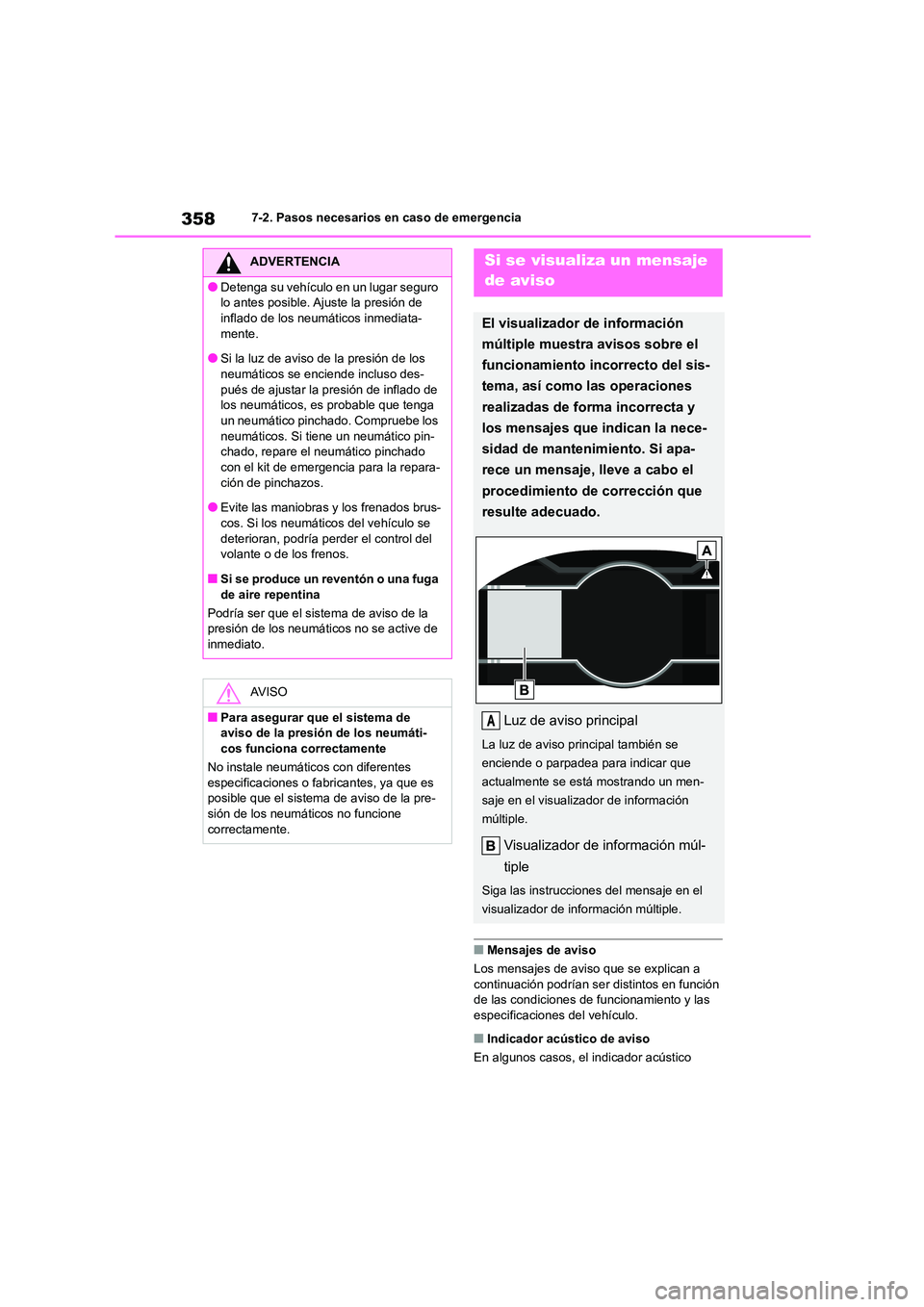 TOYOTA GR86 2022 Manuale de Empleo (in Spanish) 3587-2. Pasos necesarios en caso de emergencia
■Mensajes de aviso
Los mensajes de aviso que se explican a
continuación podrían ser distintos en función de las condiciones de funcionamiento y TOYOTA GR86 2022 Manuale de Empleo (in Spanish) 3587-2. Pasos necesarios en caso de emergencia
■Mensajes de aviso
Los mensajes de aviso que se explican a
continuación podrían ser distintos en función de las condiciones de funcionamiento y